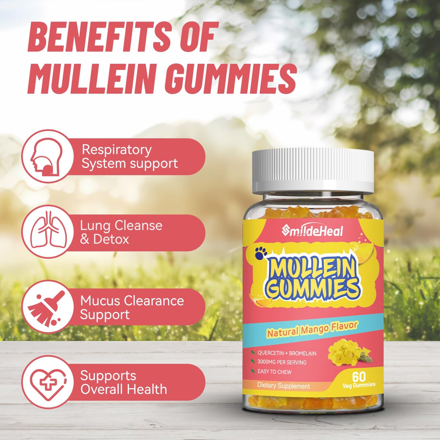 2 Pack Mullein Gummies 3000MG, Sugar Free Mullein Gummies with Bromelain & Quercetin, Mullein Leaf Extract Supplements for Lungs, Vegan, 120 Count