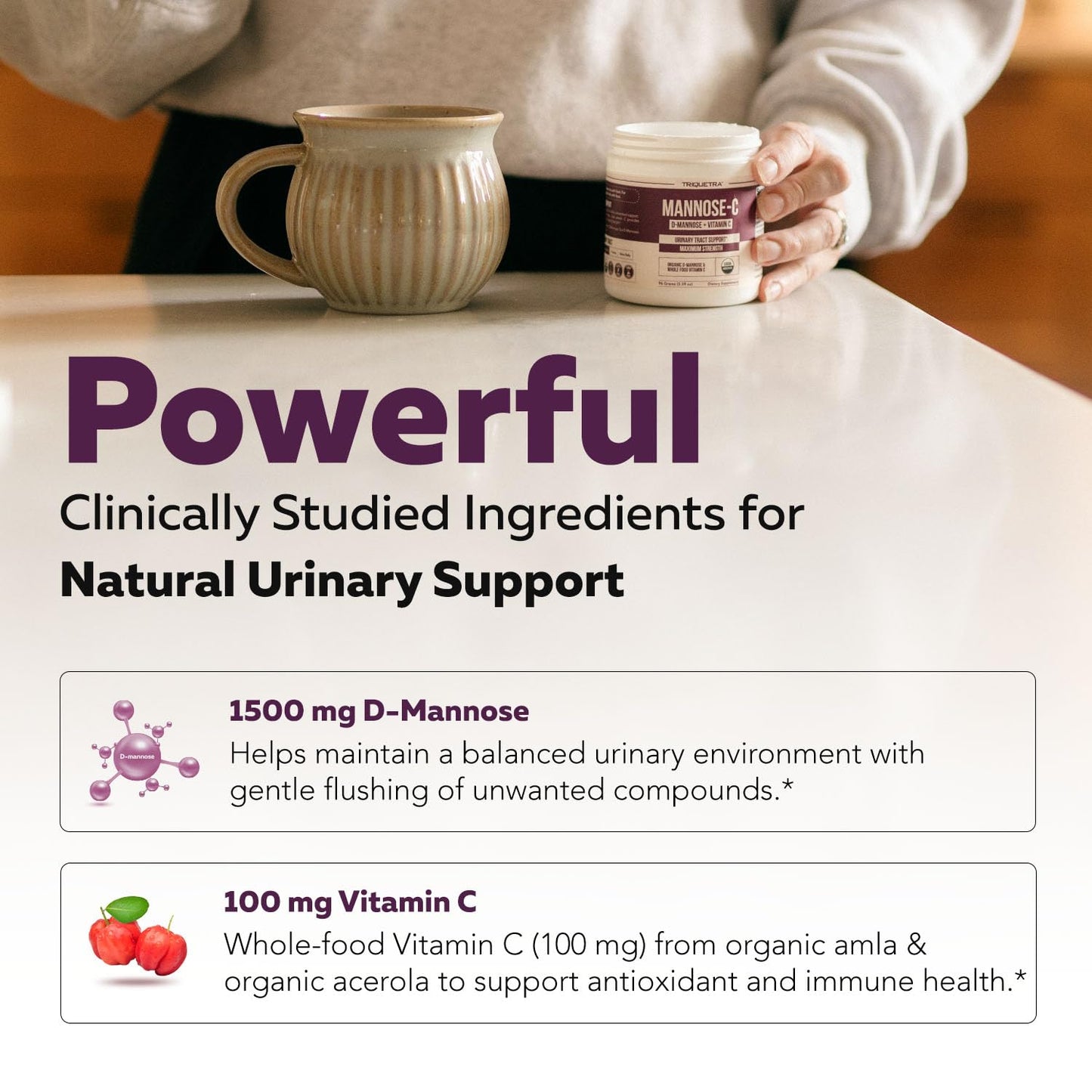 Mannose-C Organic D-Mannose Powder with Whole Food Vitamin C for UTI Health (60 Servings) | Vegan & Non-GMO