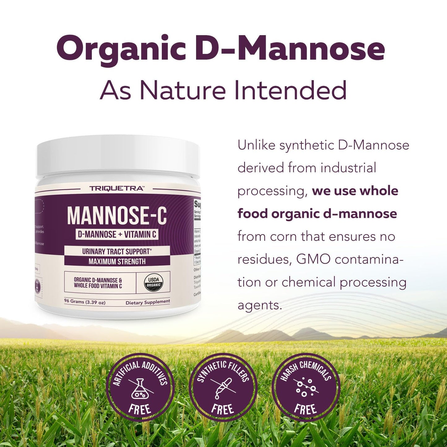 Mannose-C Organic D-Mannose Powder with Whole Food Vitamin C for UTI Health (60 Servings) | Vegan & Non-GMO