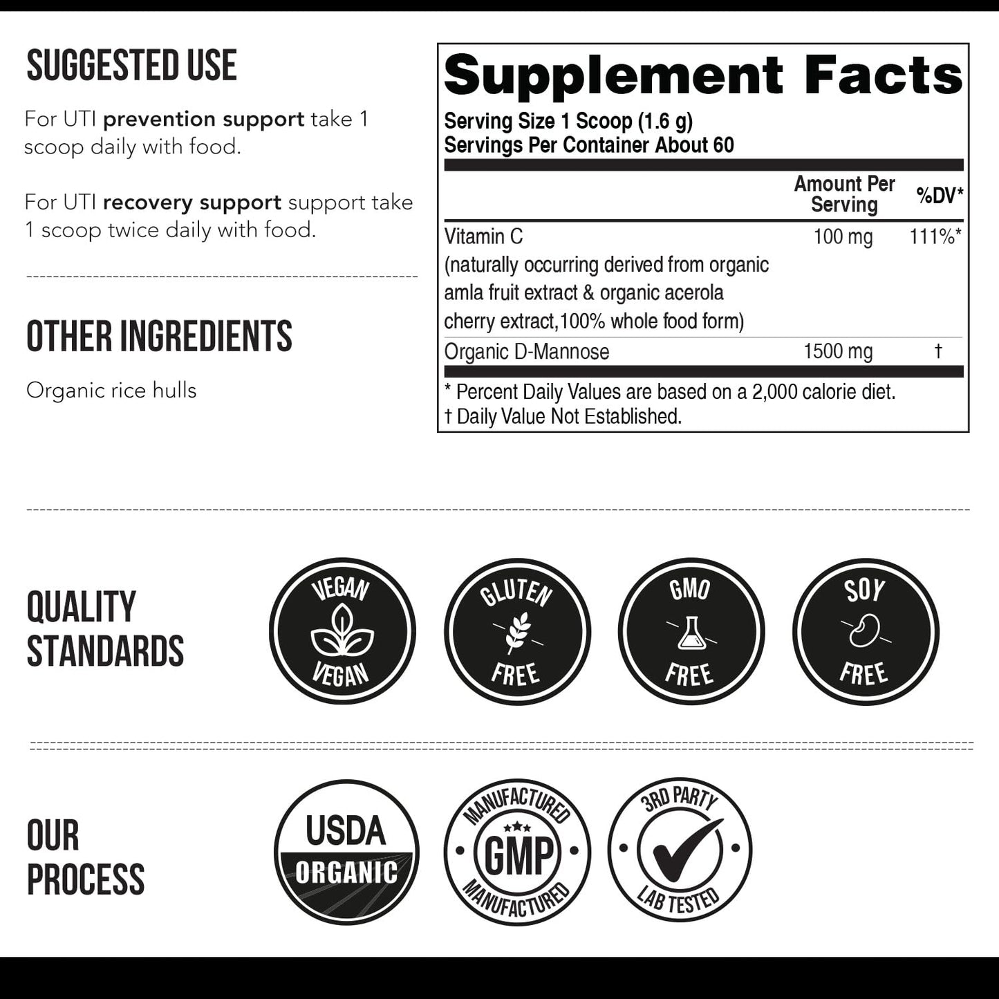 Mannose-C Organic D-Mannose Powder with Whole Food Vitamin C for UTI Health (60 Servings) | Vegan & Non-GMO