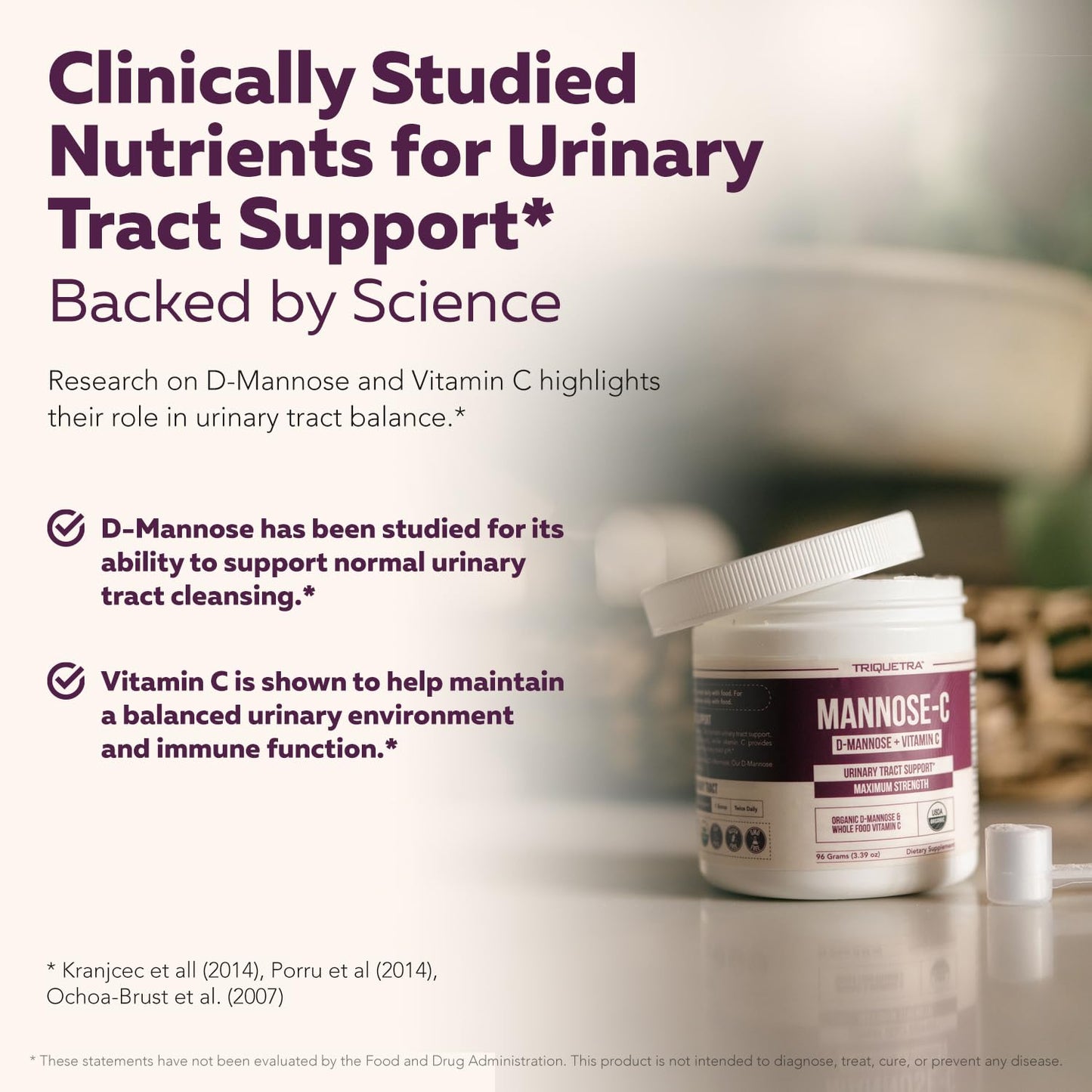 Mannose-C Organic D-Mannose Powder with Whole Food Vitamin C for UTI Health (60 Servings) | Vegan & Non-GMO