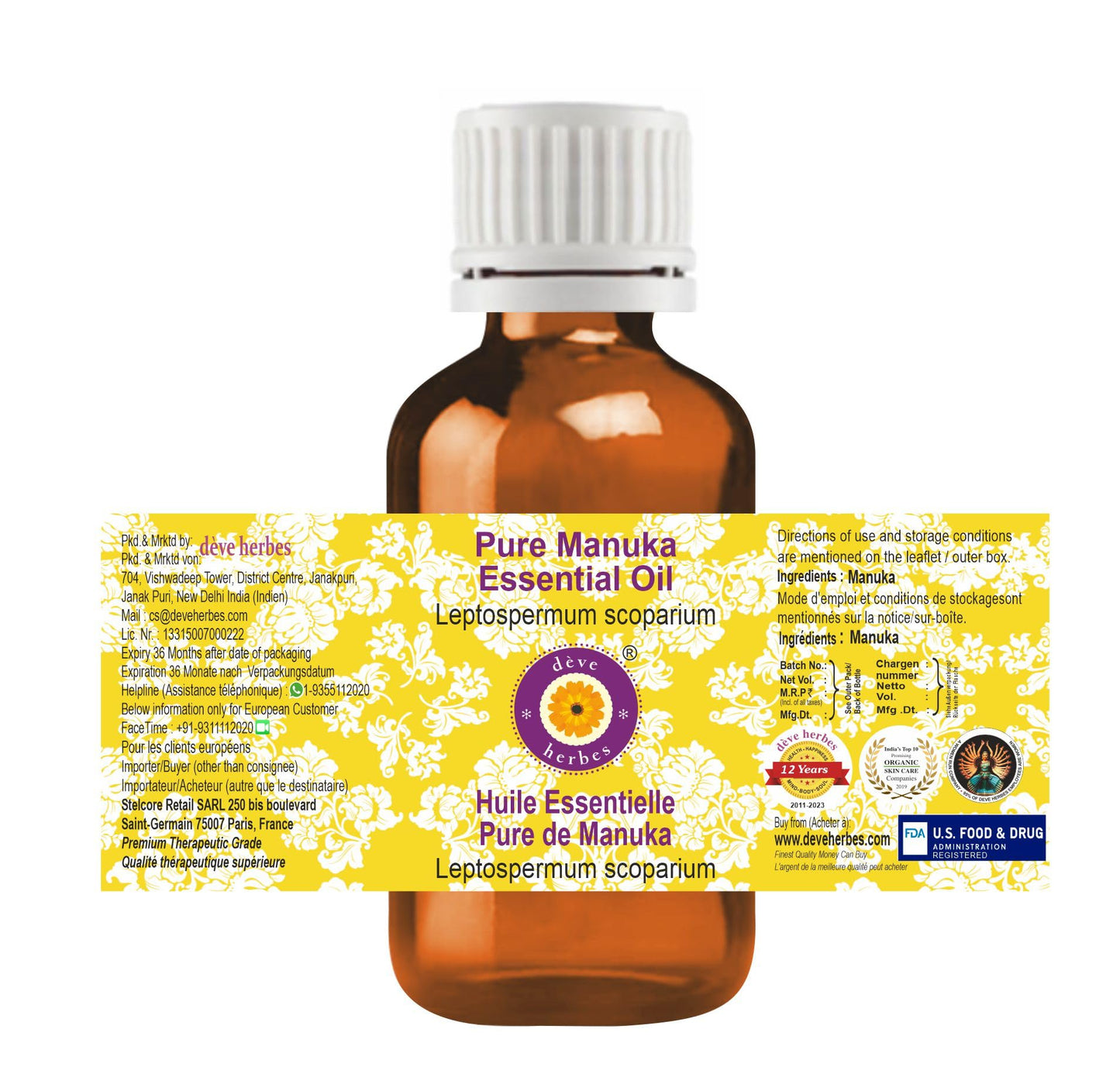 dève herbes Manuka Essential Oil (Leptospermum scoparium) Pure - Non-Sticky, Non-Greasy, Lightweight 10ml | All Skin Types | Steam Distilled | Men & Women