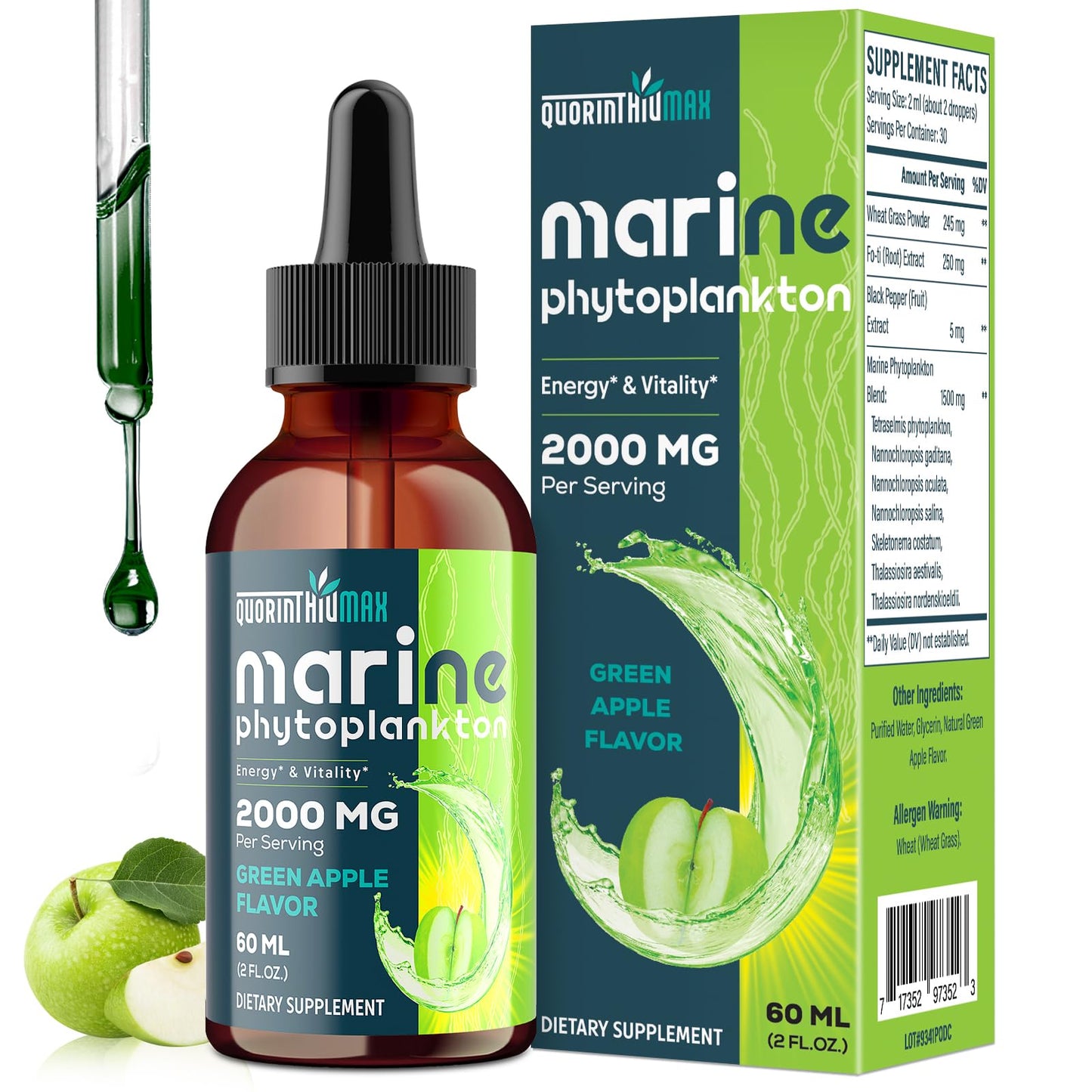 Marine Phytoplankton Drops 2000mg – High Absorption Phytoplankton with Wheatgrass & Fo-ti | Hair Growth, Immunity & Energy | Green Apple Flavor, 2 fl oz (Pack of 1)
