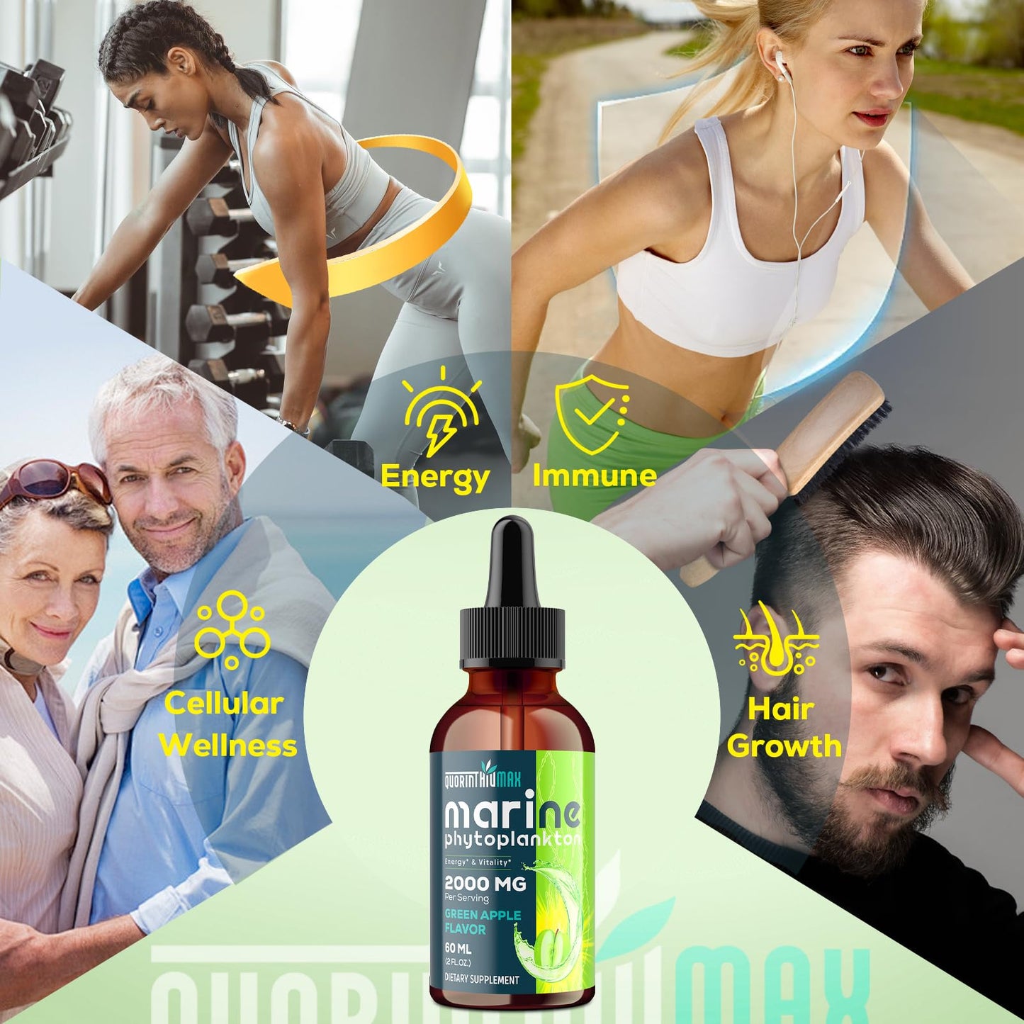 Marine Phytoplankton Drops 2000mg – High Absorption Phytoplankton with Wheatgrass & Fo-ti | Hair Growth, Immunity & Energy | Green Apple Flavor, 2 fl oz (Pack of 1)