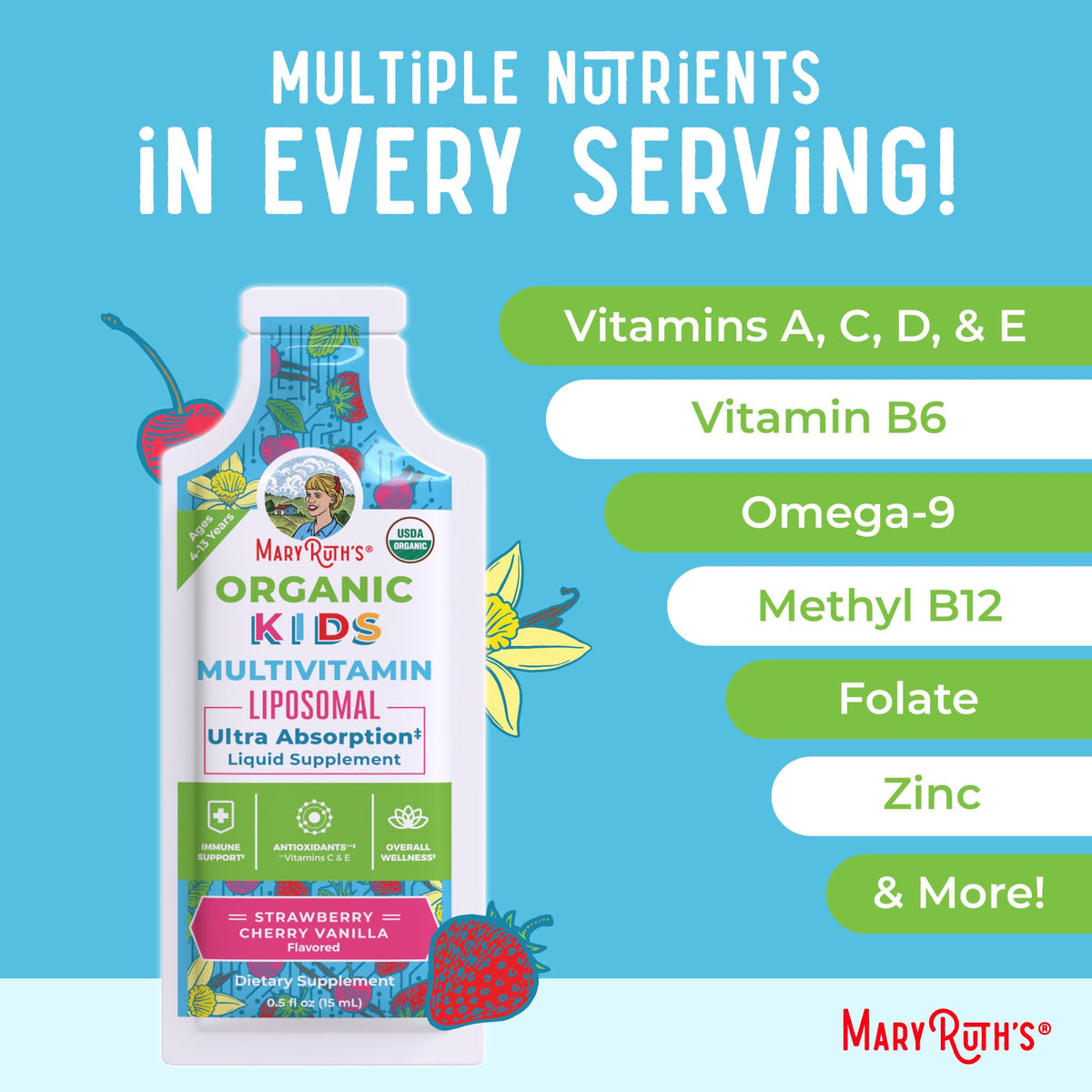 MaryRuth Organics Multivitamin for Kids | Sugar Free | Liquid Vitamins | Immune Support Supplement | Cognitive Health & Overall Wellness | USDA Organic | Vegan | Non-GMO | 14 Servings