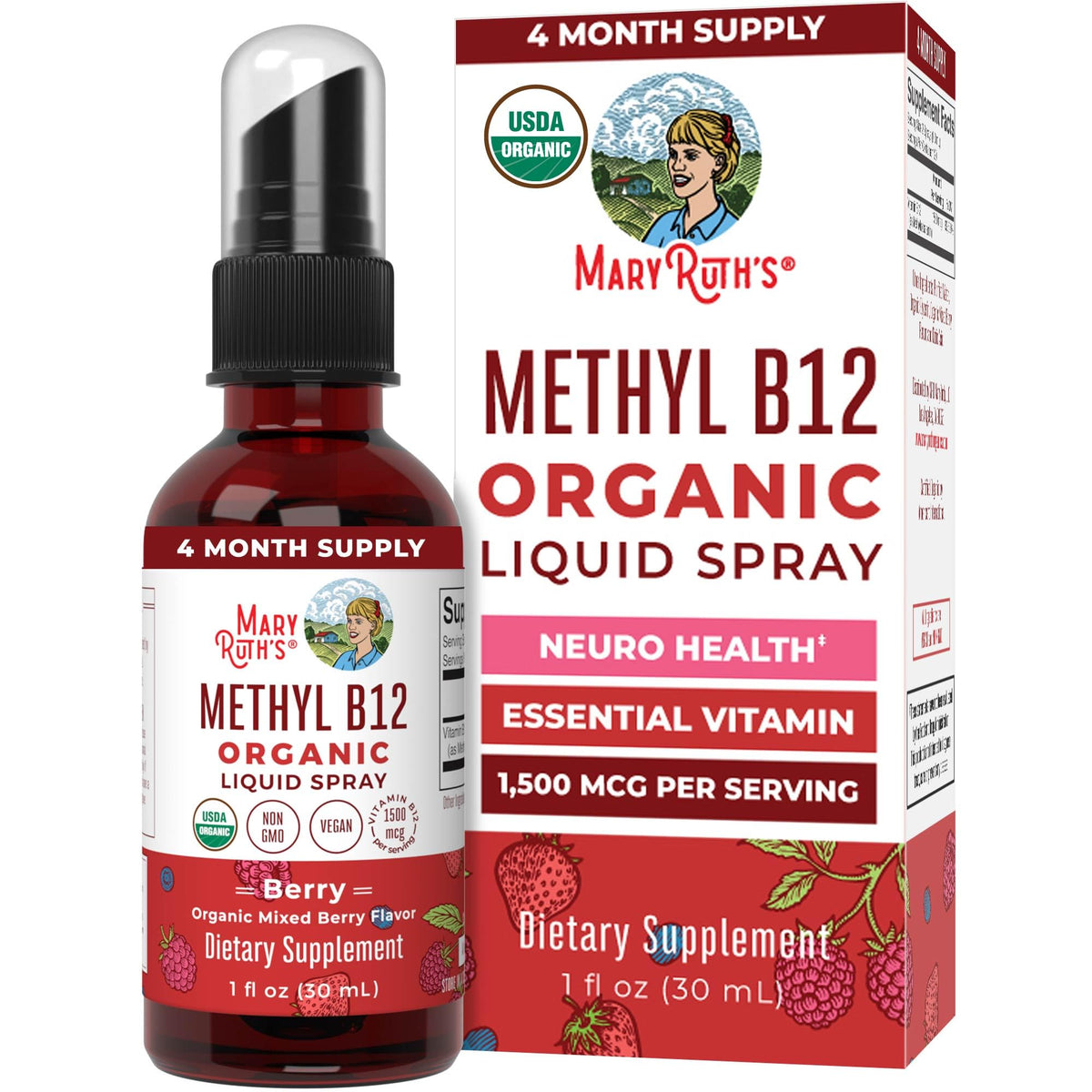 MaryRuth Organics Vitamin B12 Liquid Spray | Vegan, Non-GMO, Gluten-Free | USDA Organic Supplement | Energy & Nervous System Support | B12 Vitamins for Women & Men | 1,500 mcg | 1 Fl Oz