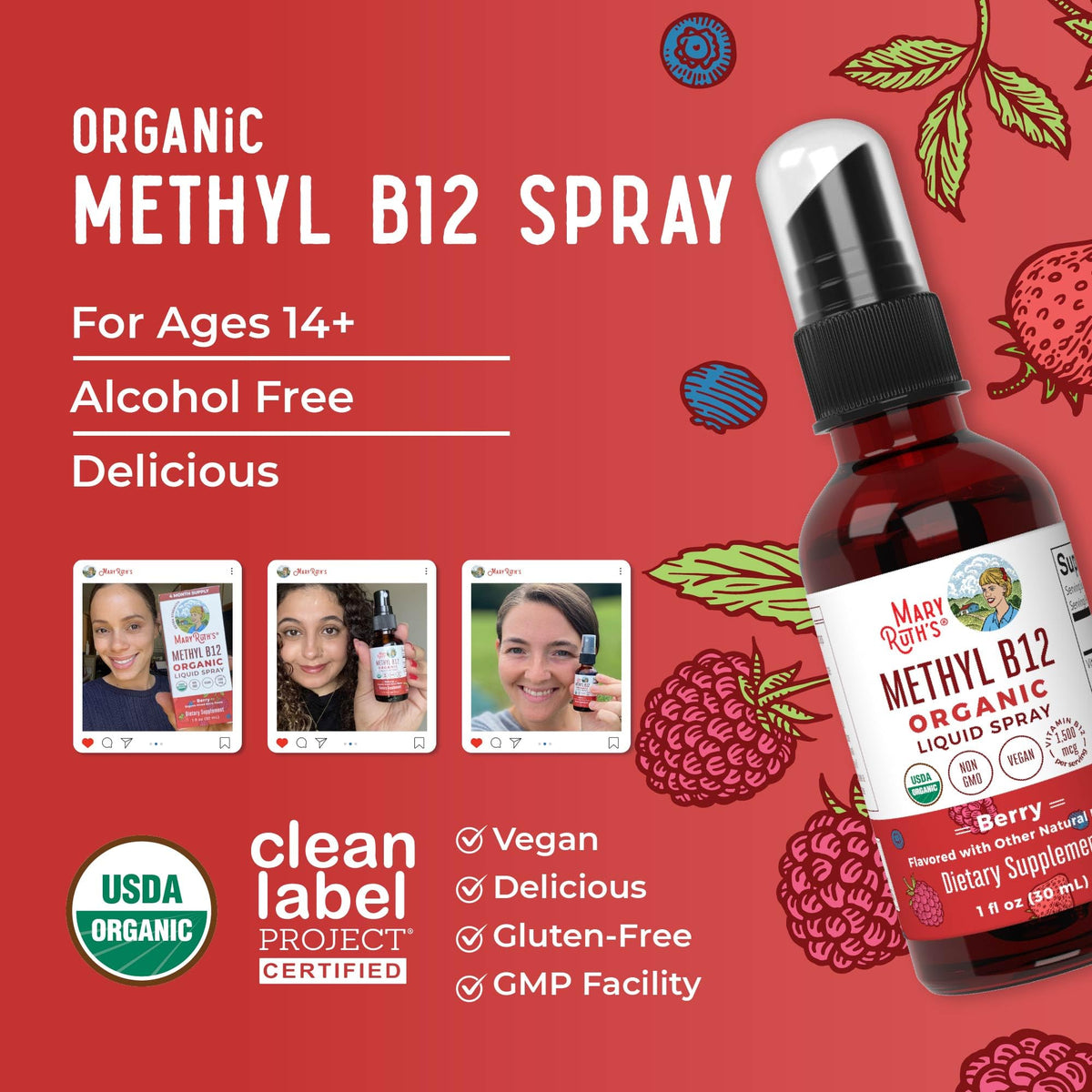 MaryRuth Organics Vitamin B12 Liquid Spray | Vegan, Non-GMO, Gluten-Free | USDA Organic Supplement | Energy & Nervous System Support | B12 Vitamins for Women & Men | 1,500 mcg | 1 Fl Oz