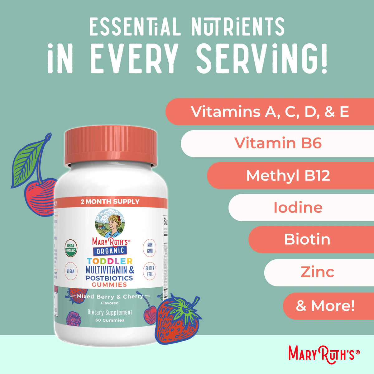 MaryRuth Organics Toddler Multivitamin Gummies + Postbiotics | USDA Organic | Vitamins for Kids Ages 2+ | Immune Support | Vitamin C | Vitamin D3 | Vitamin A | Zinc | Vegan | Non-GMO | 60 Servings