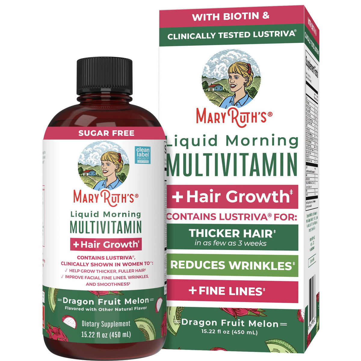MaryRuths Liquid Multivitamin + Hair Growth | Lustriva Biotin 10000mcg | Thicker Hair & Skin Support | Ages 18+ | 15.22 Fl Oz