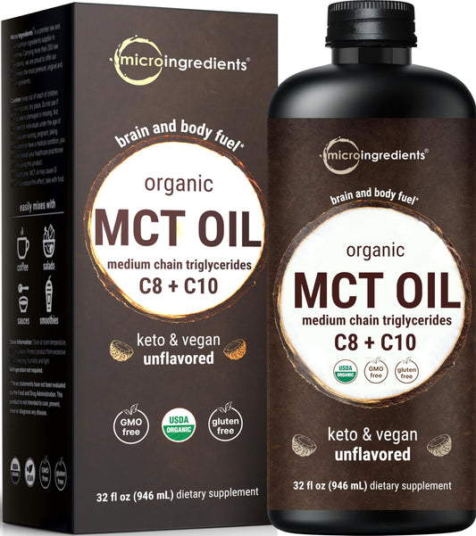 MCT Oil Organic, 32 fl oz – 100% Virgin Coconut Oil with C8 & C10 Fatty Acids | Unflavored, Keto, Vegan