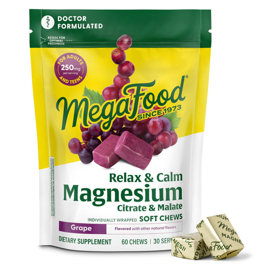 MegaFood Relax + Calm Magnesium Soft Chews - Grape | 60 Chews (30 Servings) | Magnesium Citrate & Malate