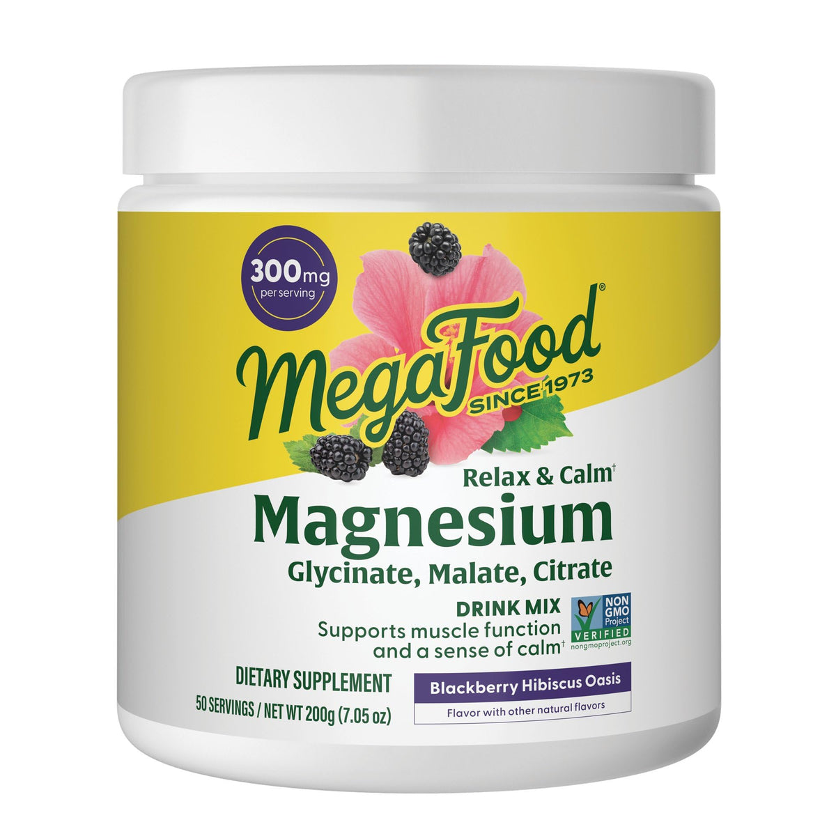 MegaFood Relax + Calm Magnesium Powder – 50 Servings (7.05 oz) | Glycinate, Citrate & Malate | Allergen-Free Blackberry Hibiscus Oasis