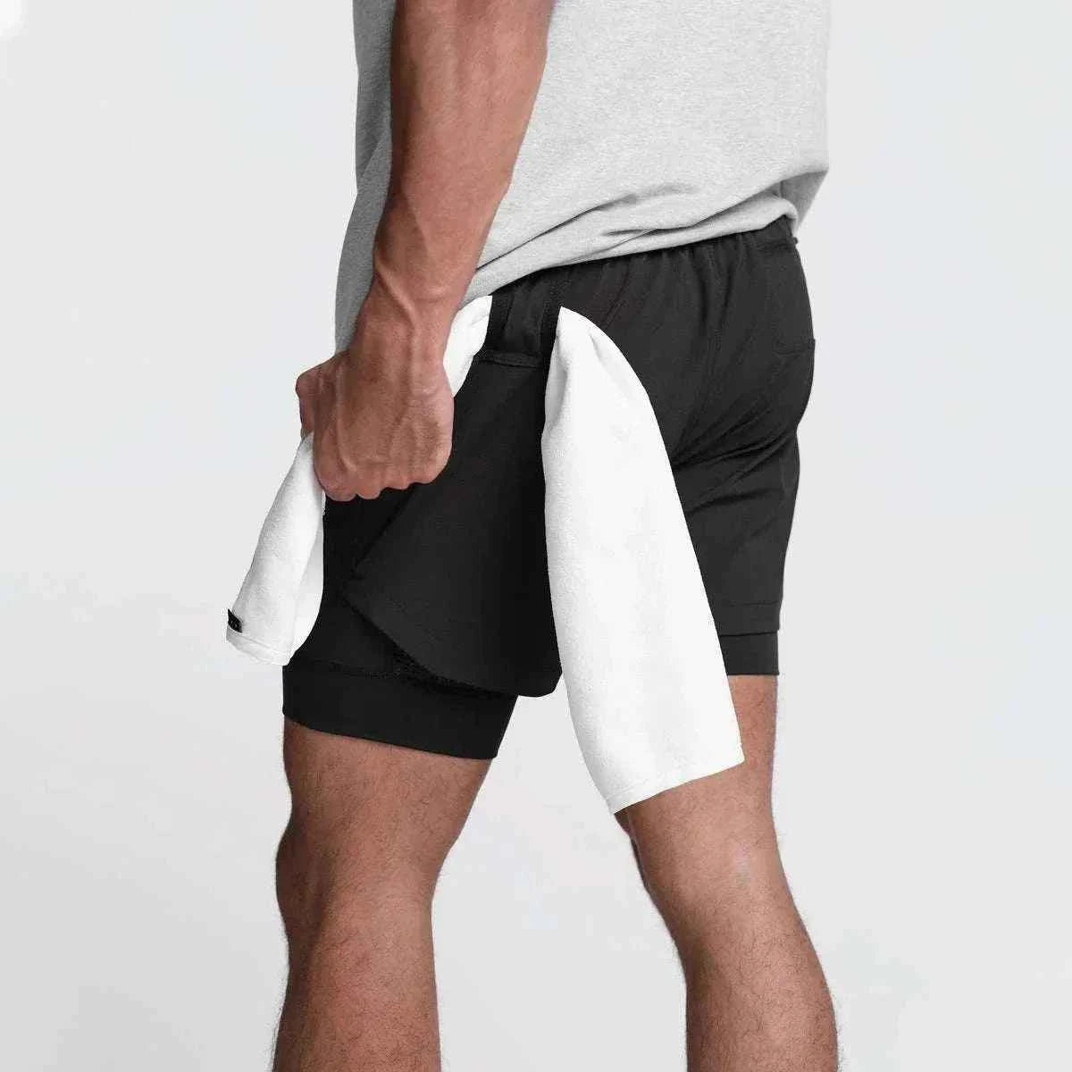 Men 2 in 1 Fitness Gym Shorts With Towel Loop Breathable Shorts
