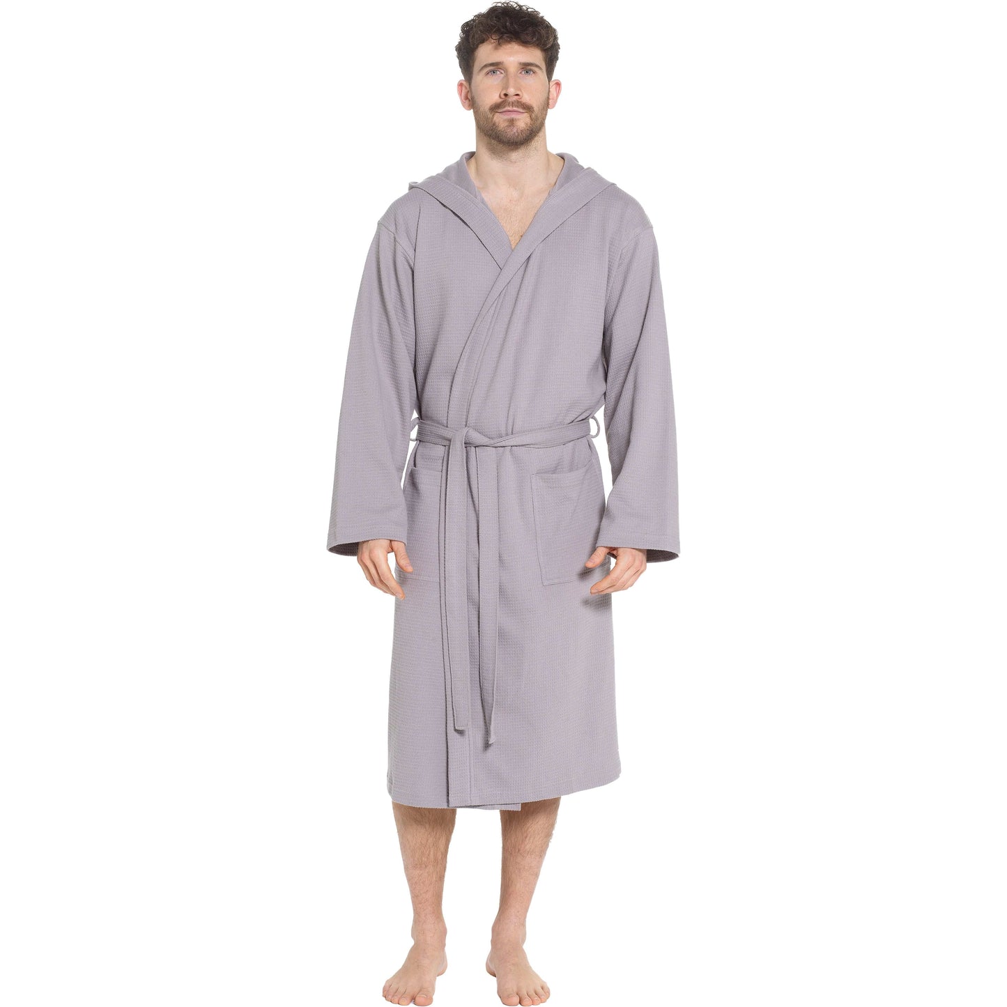 Sock Stack Mens Hooded Waffle Cotton Bathrobe Grey 100% Cotton Super Absorbent Super Soft Cosy Dressing Gown
