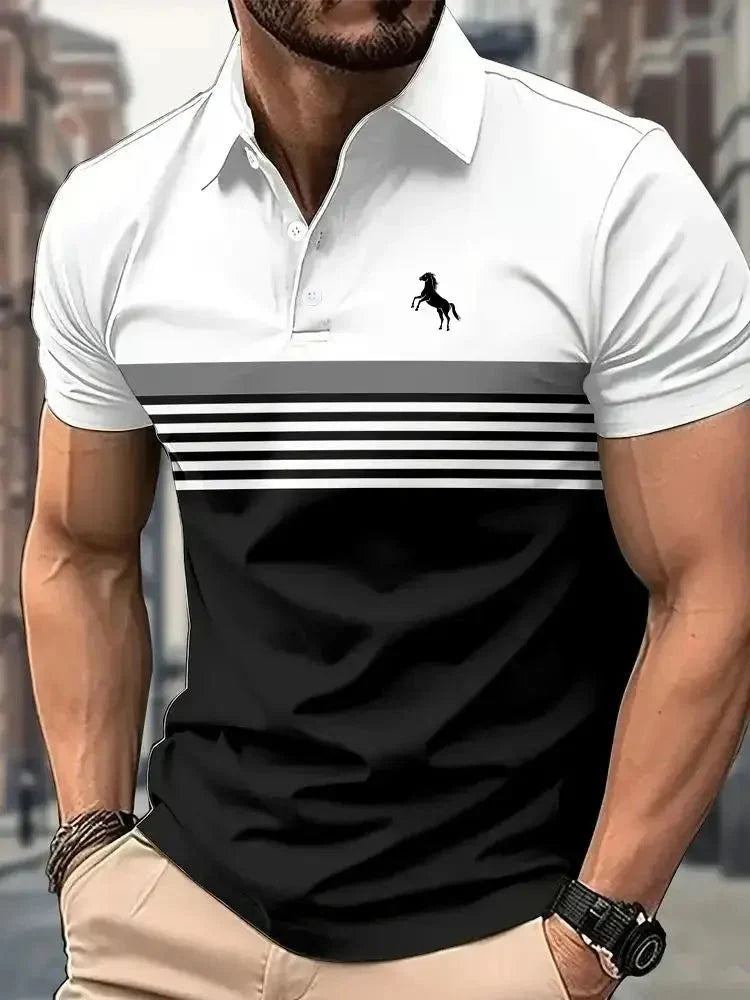 Men's 3D Horse Print Polo Shirt – Short Sleeve Striped Color Block Golf Shirt, Casual Sporty Summer Top