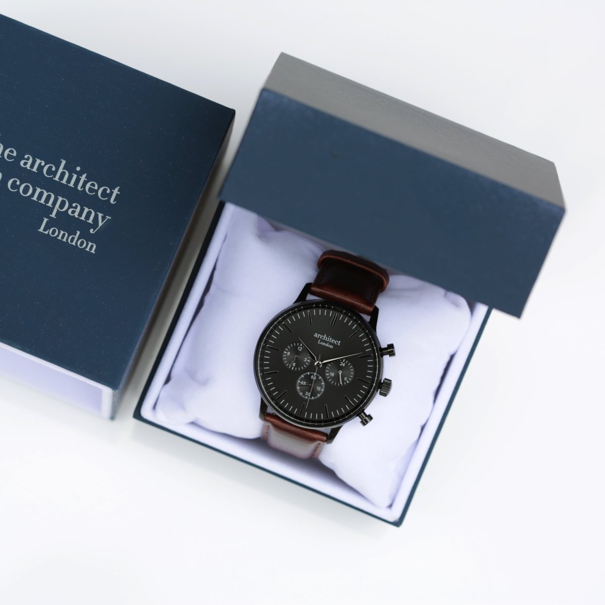 Men's Architect Motivator In Black With Walnut Strap - Modern Font Engraving