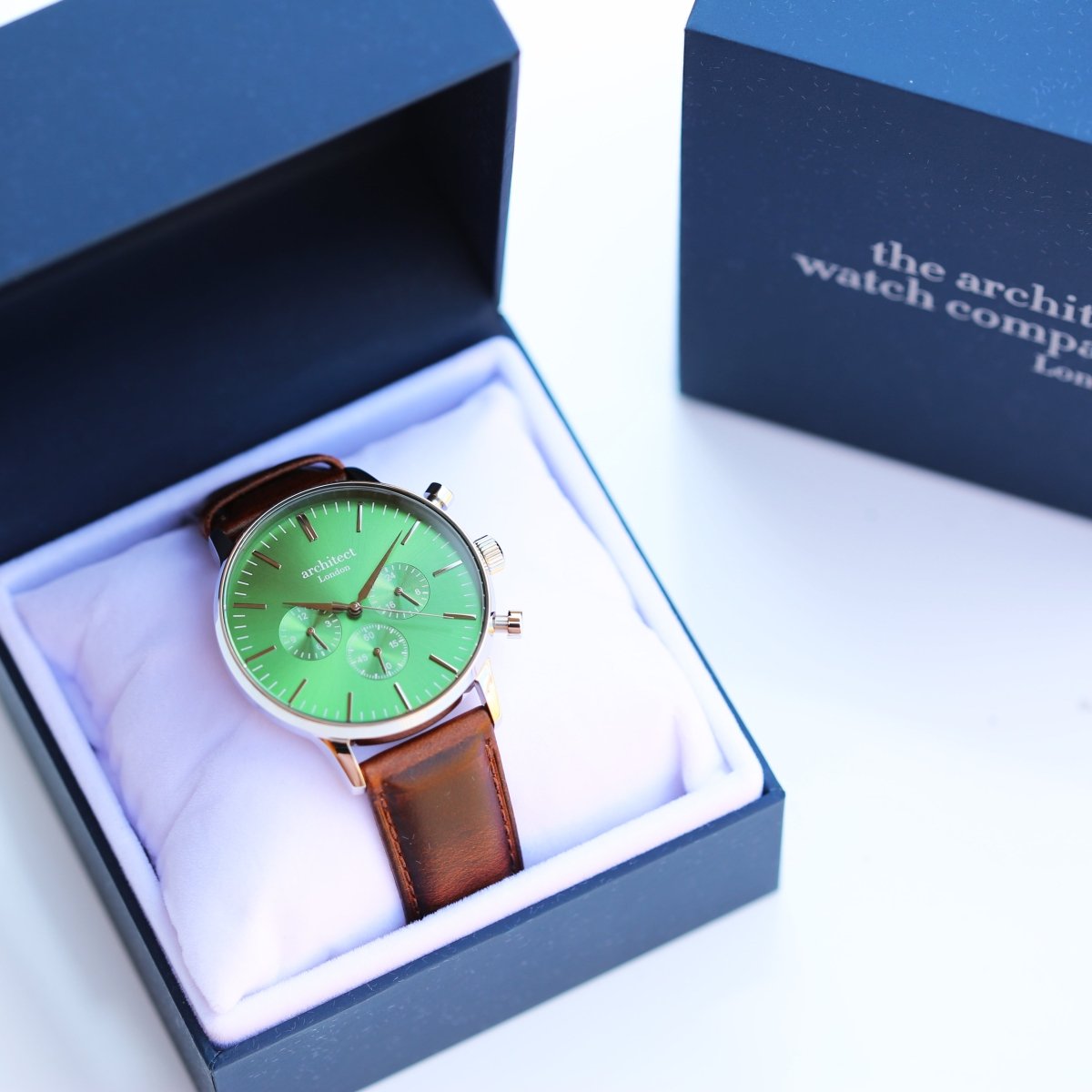 Men's Architect Motivator In Envy Green With Walnut Strap - Modern Font Engraving