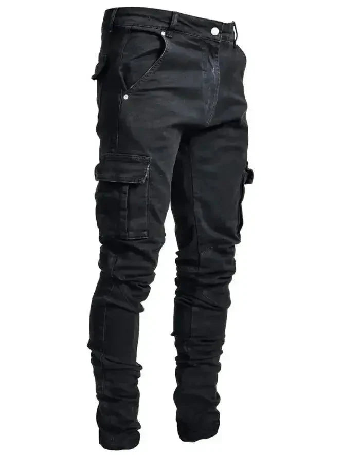 Men's Black Stretch Cargo Jeans – Zipper Pockets, Slim Fit Streetwear