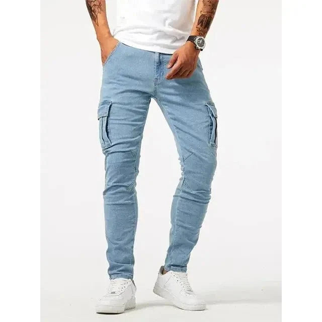 Men's Elastic Denim Cargo Pants – Multi-Pocket Slim Fit Joggers