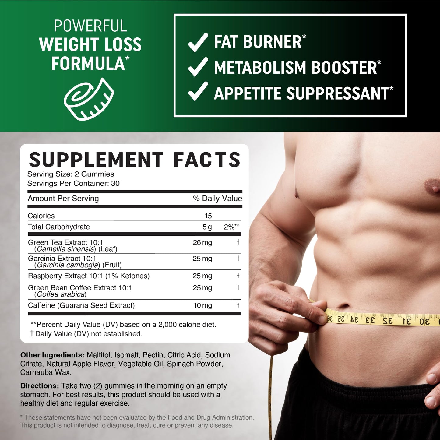 Men's Fat Burner Gummies for Weight Loss | Green Tea, Garcinia Cambogia & Ketones | Apple Flavor | 60 Gummies