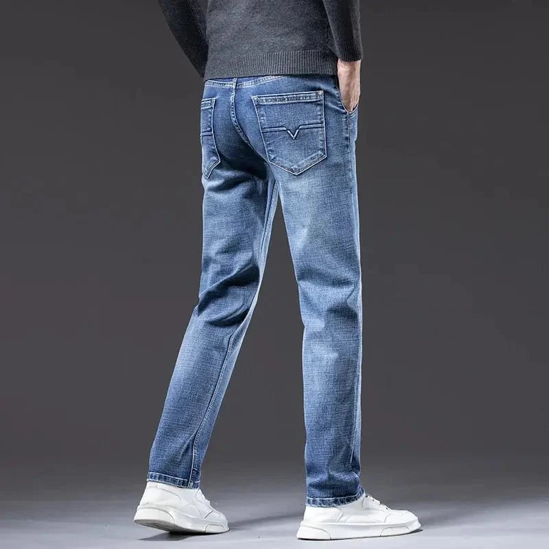 Men's Light Business Jeans – Classic Stretch Denim Trousers (Blue/Gray)