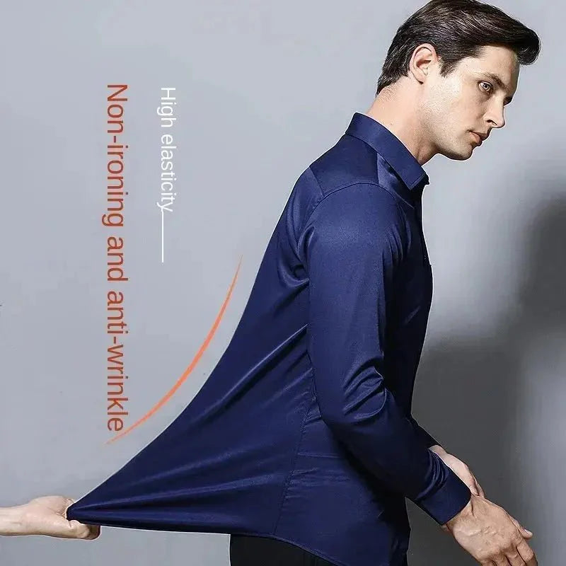 Men's long-sleeved, non-iron, elastic dress shirt for professional work attire. Stand-up collar (55-105kg)
