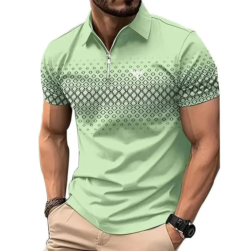 Men’s Summer Sporty Short Sleeve Polo Shirt – Casual Lapel Zipper, Printed Quick-Dry Polyester Top
