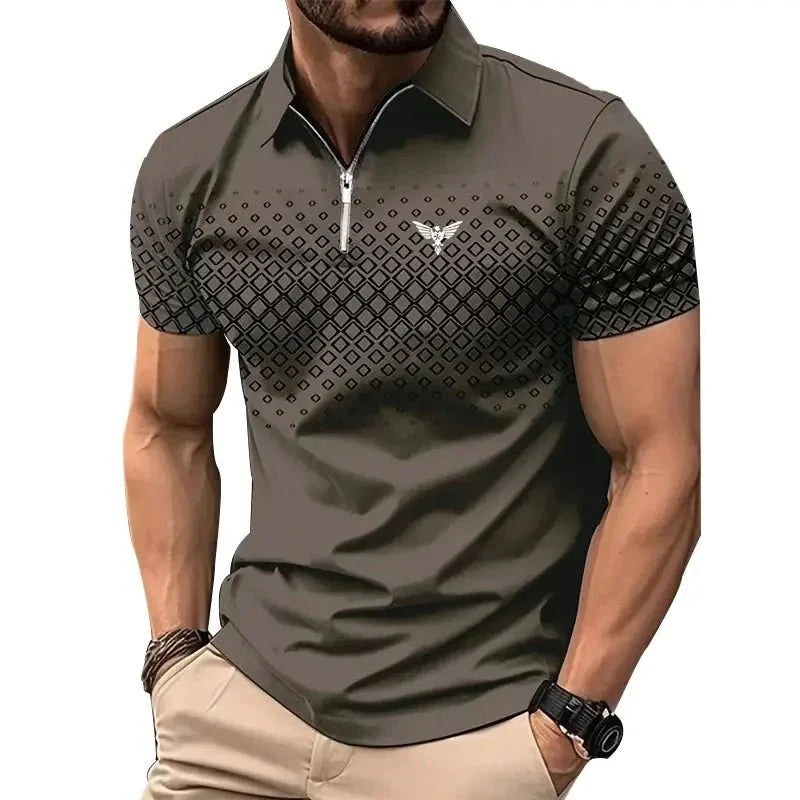 Men’s Summer Sporty Short Sleeve Polo Shirt – Casual Lapel Zipper, Printed Quick-Dry Polyester Top