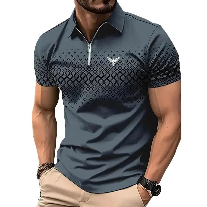 Men’s Summer Sporty Short Sleeve Polo Shirt – Casual Lapel Zipper, Printed Quick-Dry Polyester Top
