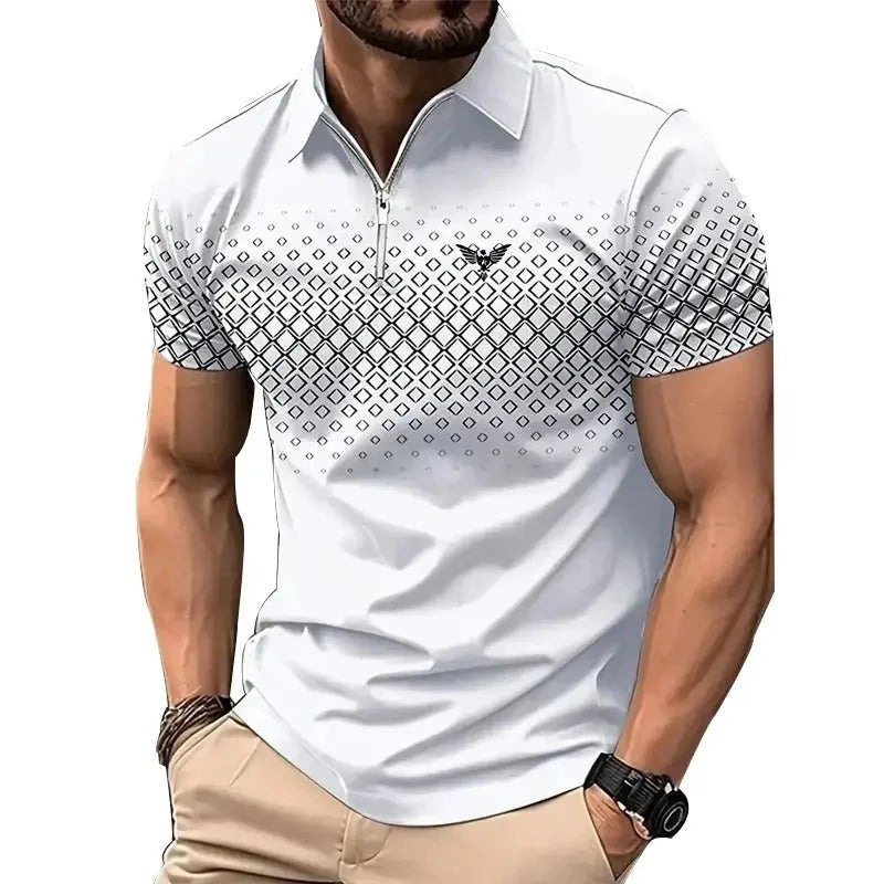 Men’s Summer Sporty Short Sleeve Polo Shirt – Casual Lapel Zipper, Printed Quick-Dry Polyester Top