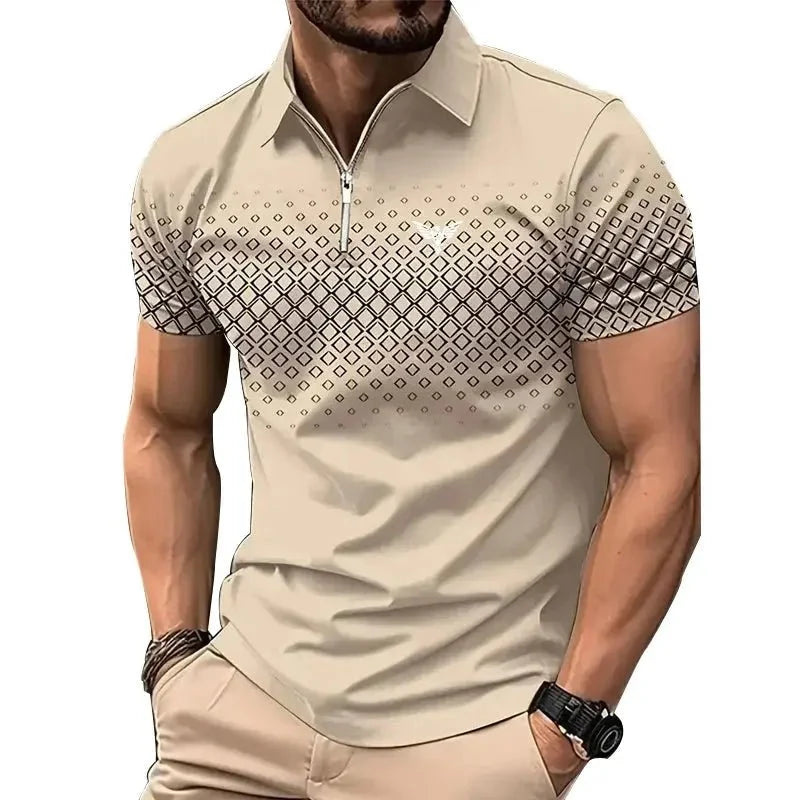Men’s Summer Sporty Short Sleeve Polo Shirt – Casual Lapel Zipper, Printed Quick-Dry Polyester Top