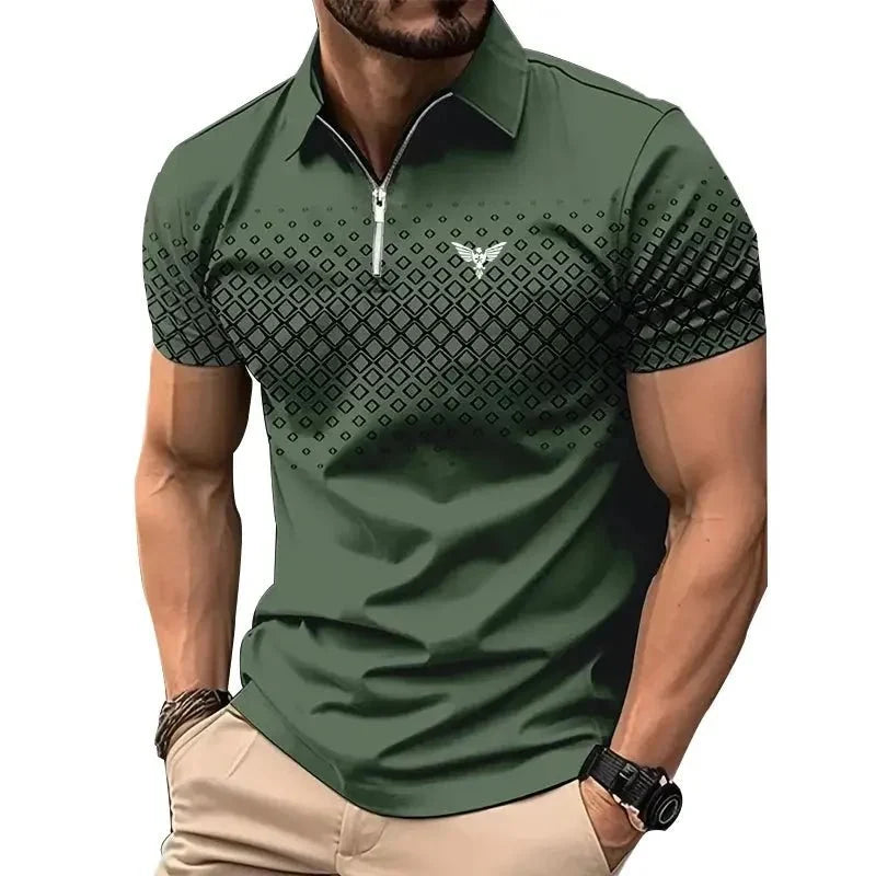 Men’s Summer Sporty Short Sleeve Polo Shirt – Casual Lapel Zipper, Printed Quick-Dry Polyester Top