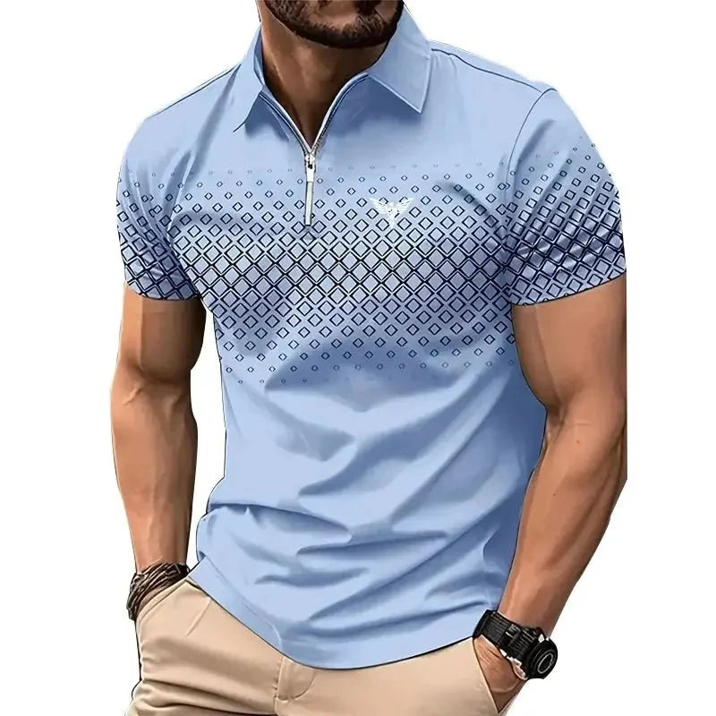 Men’s Summer Sporty Short Sleeve Polo Shirt – Casual Lapel Zipper, Printed Quick-Dry Polyester Top
