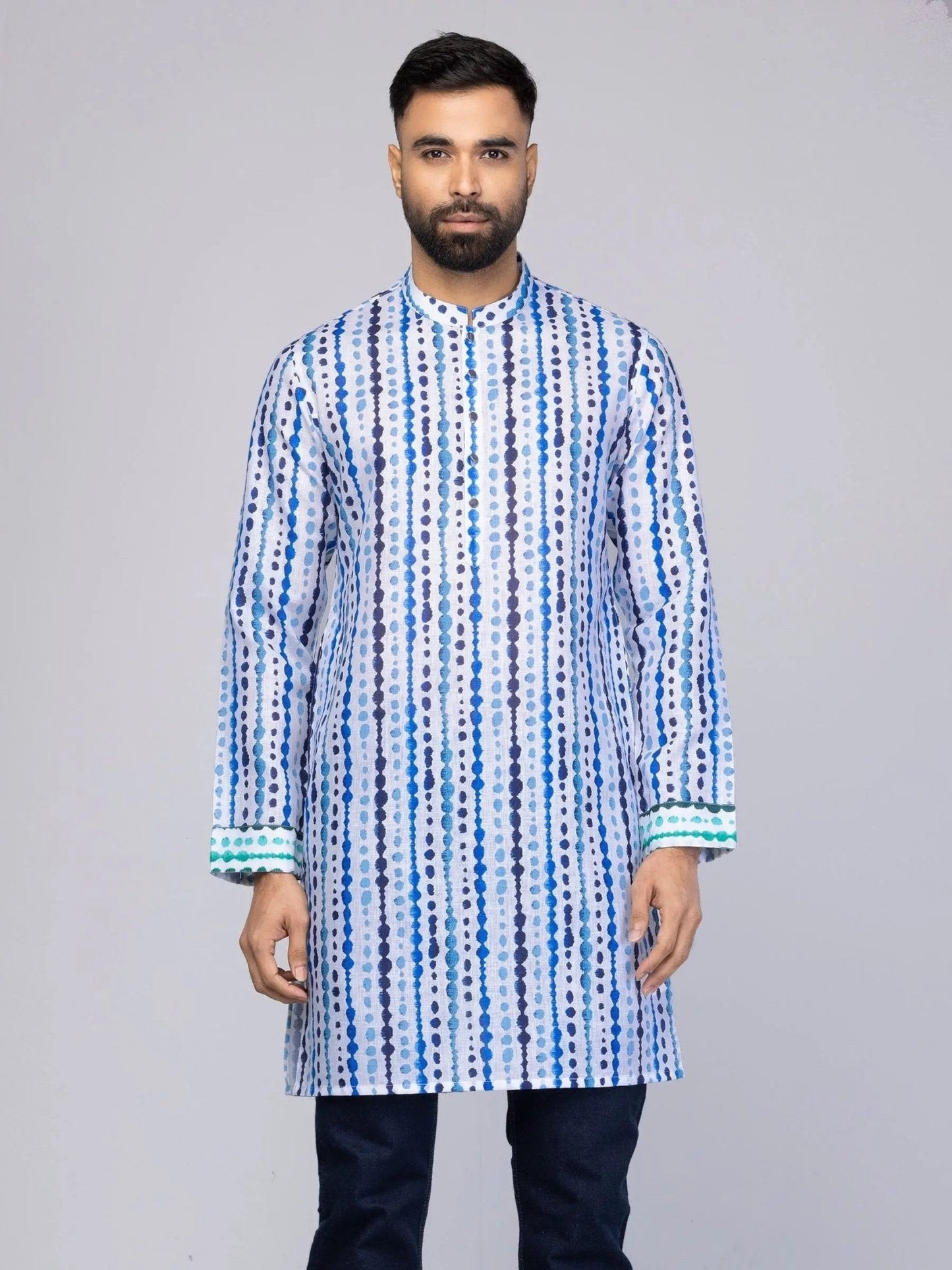 Men's White Printed Mixed Cotton Slim Fit Short Kurta