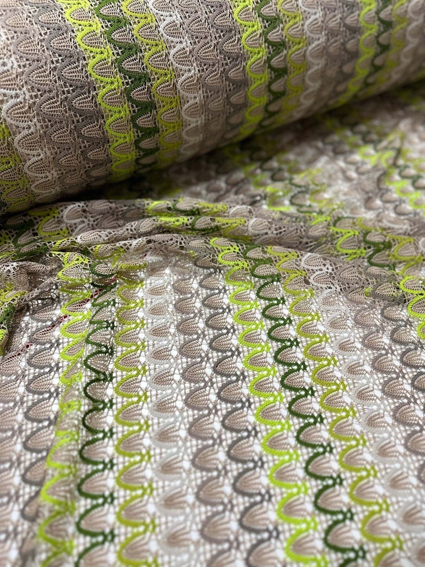 Beige Green Zigzag Knit Jersey Mesh Fabric for Clothing and Crafts