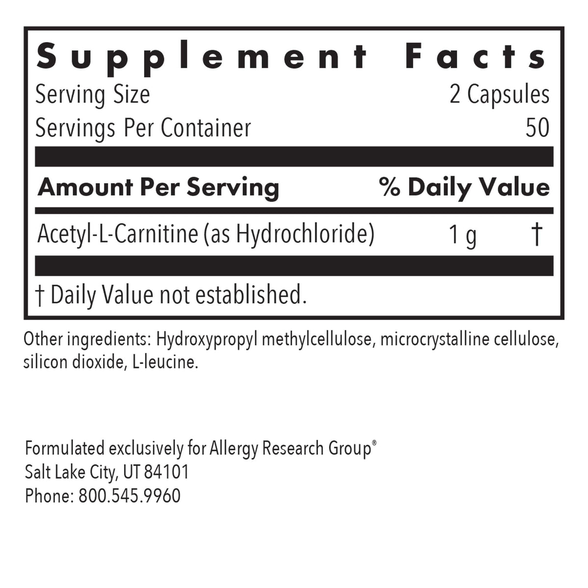 Allergy Research Group Acetyl-L-Carnitine 500mg – Metabolism & Energy Support, 100 Count