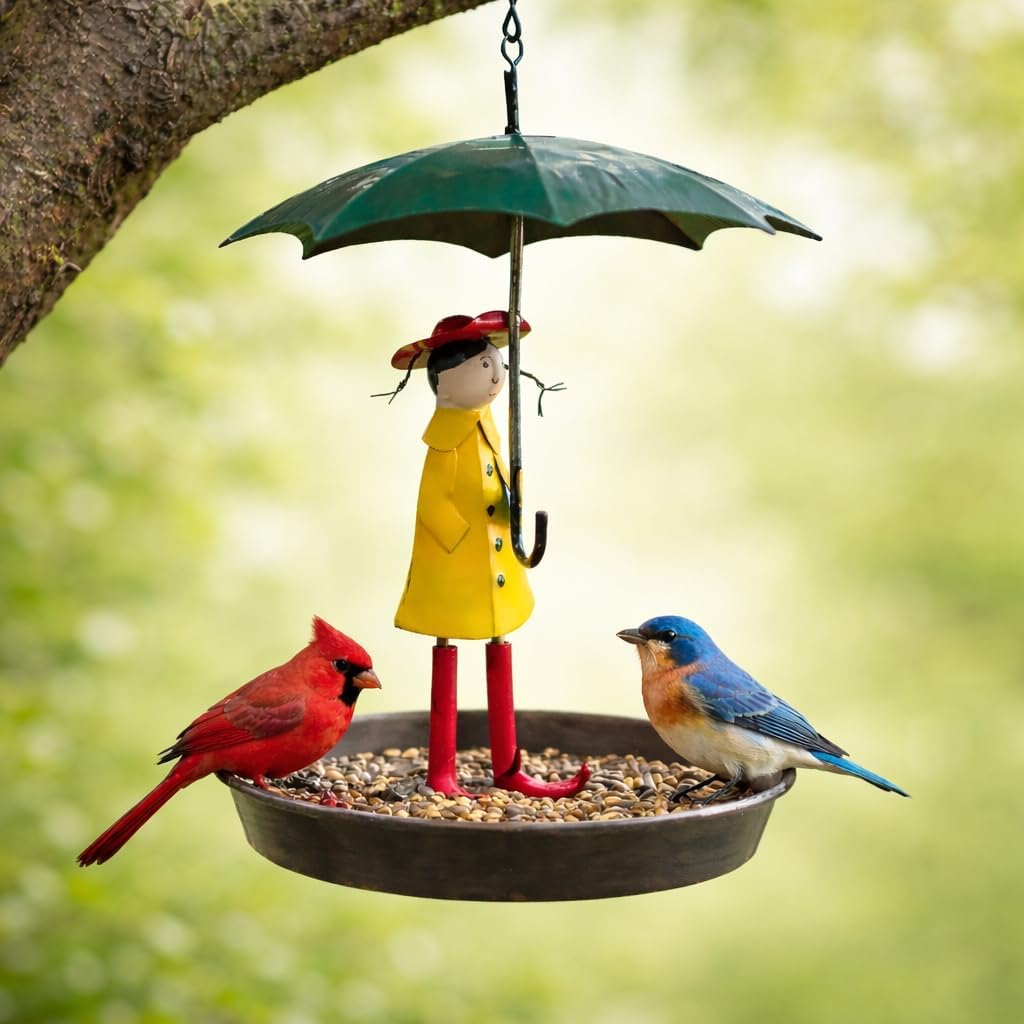 Vintage Iron Girl with Umbrella Garden Bird Feeder