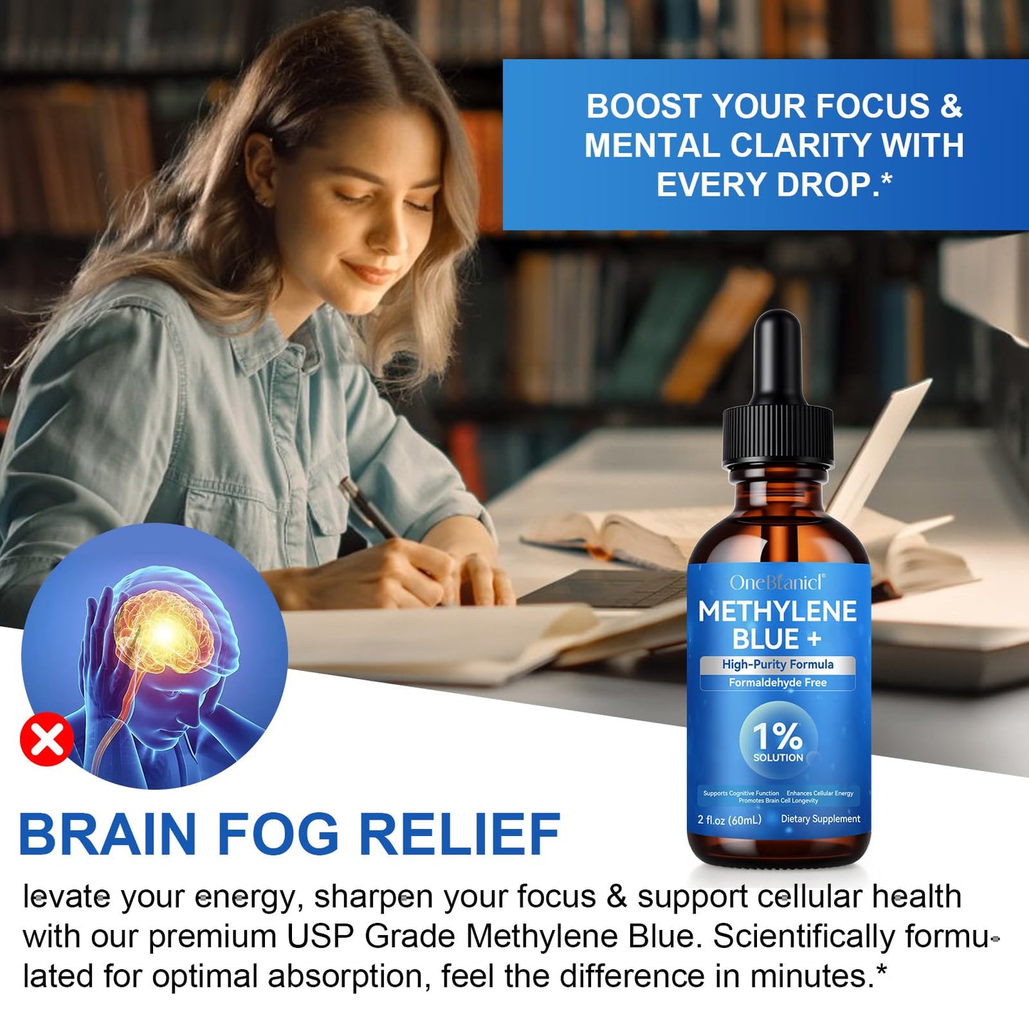 Methylene Blue Drops – Pharmaceutical Grade for Brain Health & Energy Support | No Formaldehyde, No Alcohol, No Gluten – 2 fl oz