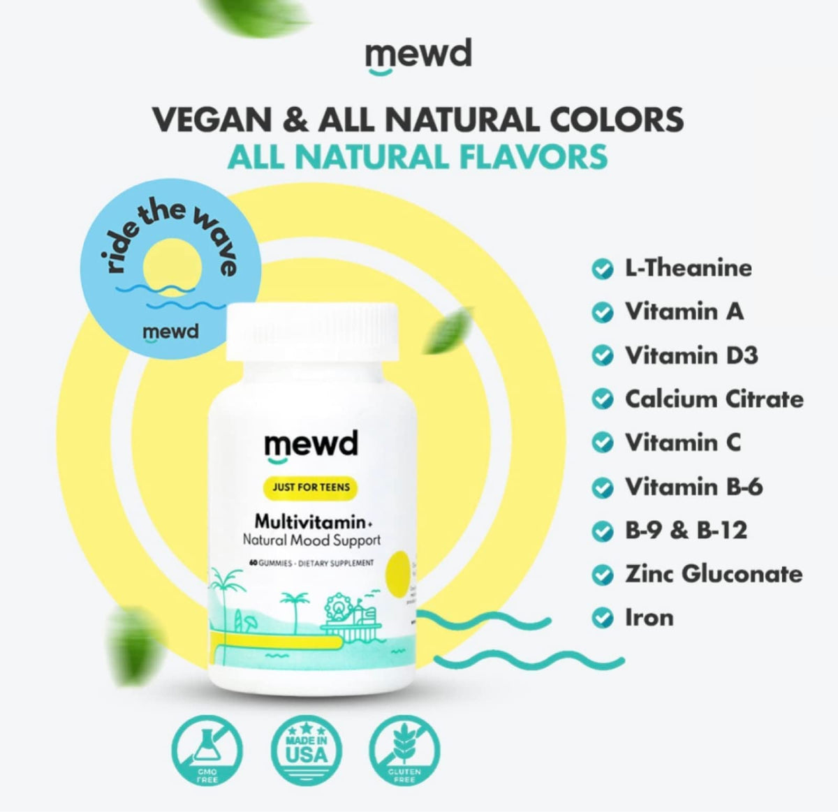 MEWD Teen/Kids Daily Multivitamin Gummy - Mood, Focus & Immunity | Vegan, Gluten Free, Made in USA