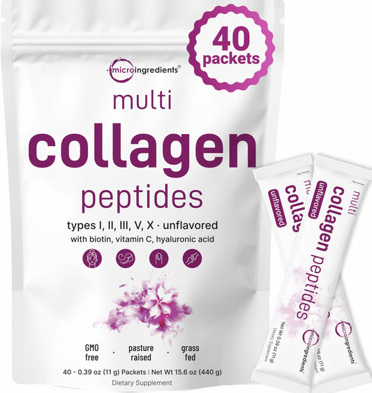 Micro Ingredients Multi Collagen Peptides Powder - 40 Stick Packs | Unflavored | Type I–X + Biotin, Vitamin C & Hyaluronic Acid | Keto & Non-GMO