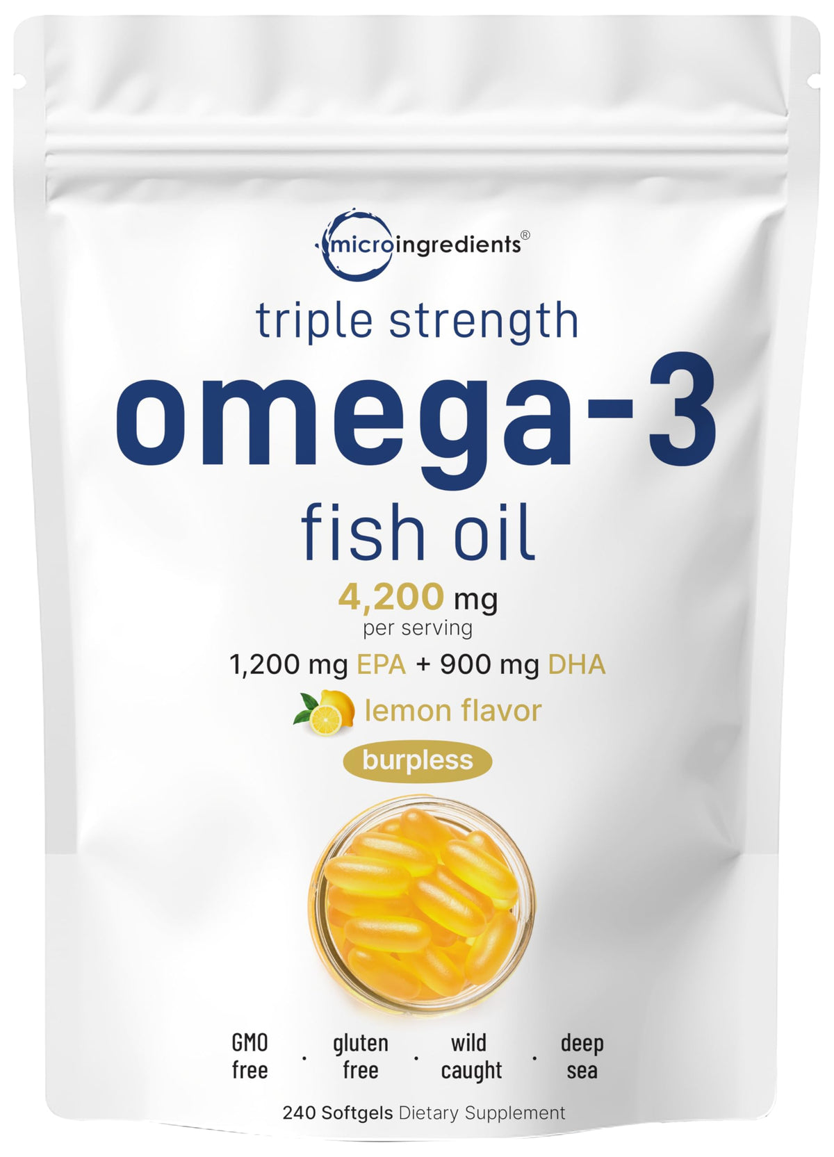 Micro Ingredients Triple Strength Omega-3 Fish Oil – 4200mg/Serving, 240 Softgels (Lemon, Burpless) | EPA 1200mg + DHA 900mg