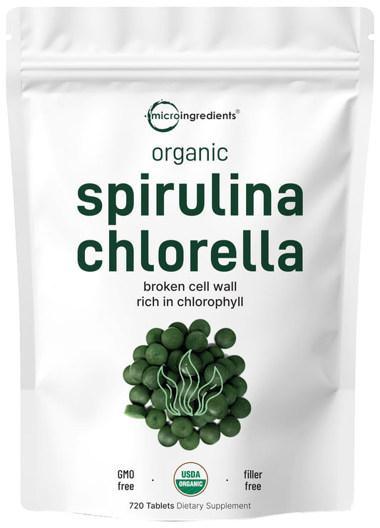 Micro Ingredients Organic Spirulina & Chlorella Tablets – 720 (4 Month) | Cracked Cell Wall | Vegan Protein & Chlorophyll