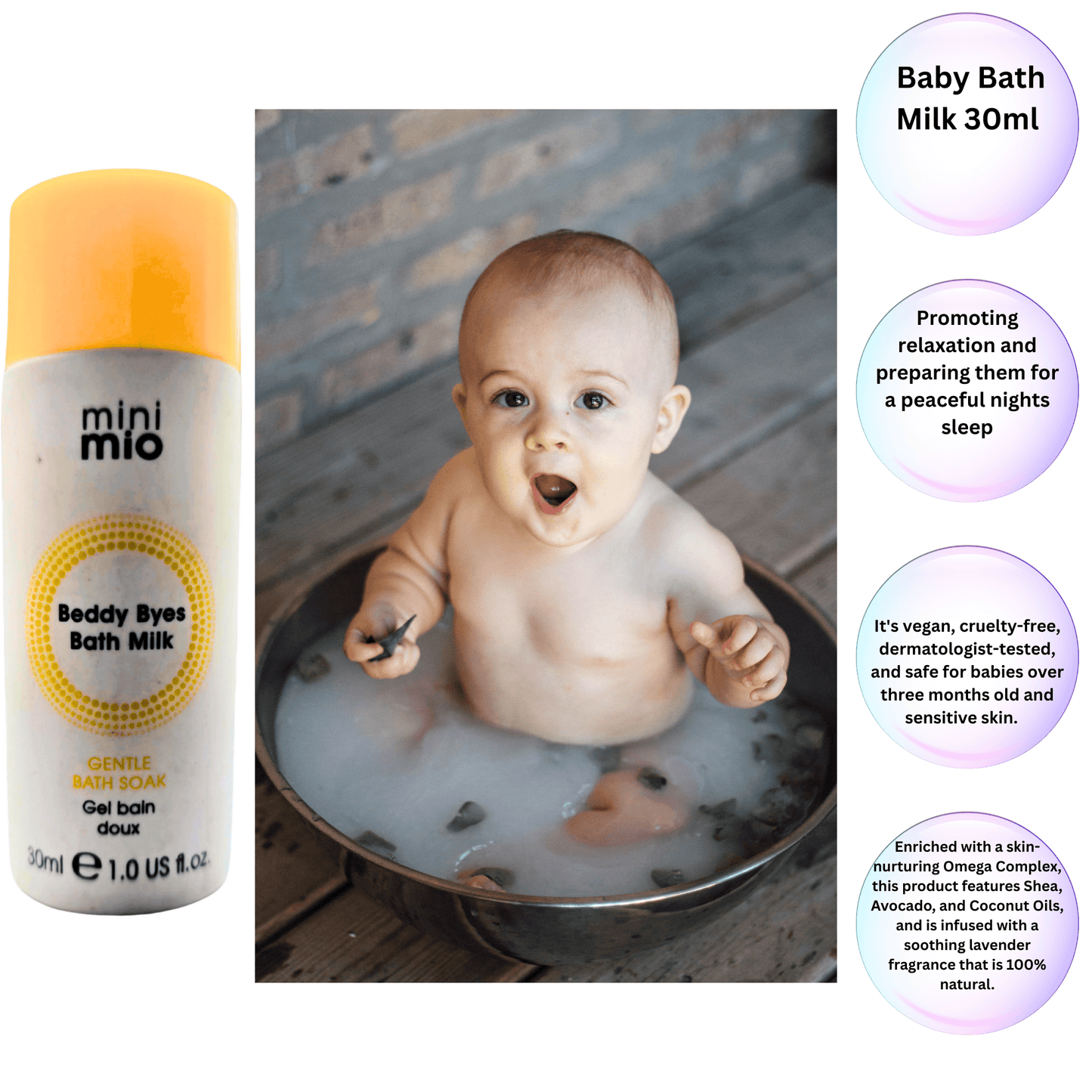 Mini Mio Beddy Byes Bath Milk - 50 x 30ml Baby Bath Soak" - 63 characters.