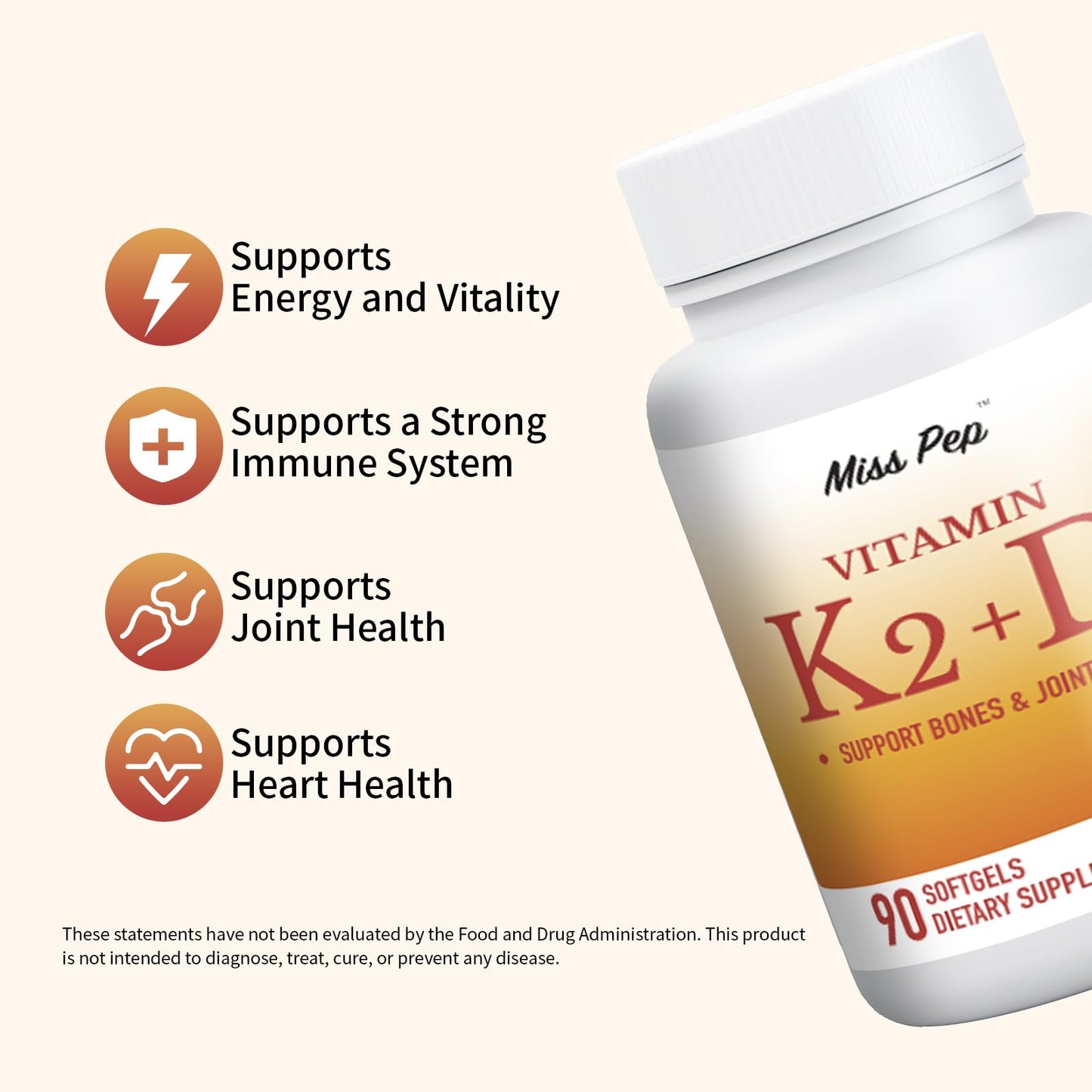 Miss Pep Vitamin D3 K2 5000 IU/100 mcg MK-7 – 90 Softgels with Sunflower Oil