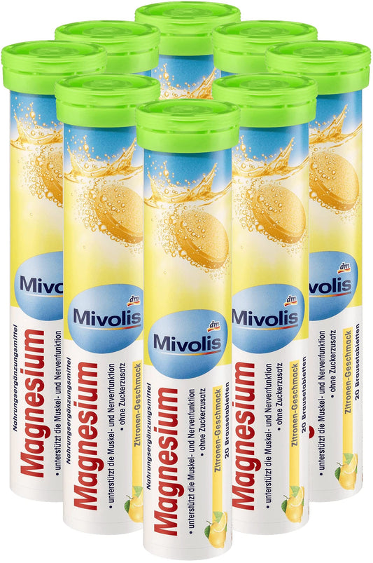 Mivolis Magnesium Effervescent Tablets - Dietary Supplements 8 Tubes x 20 pcs | Germany