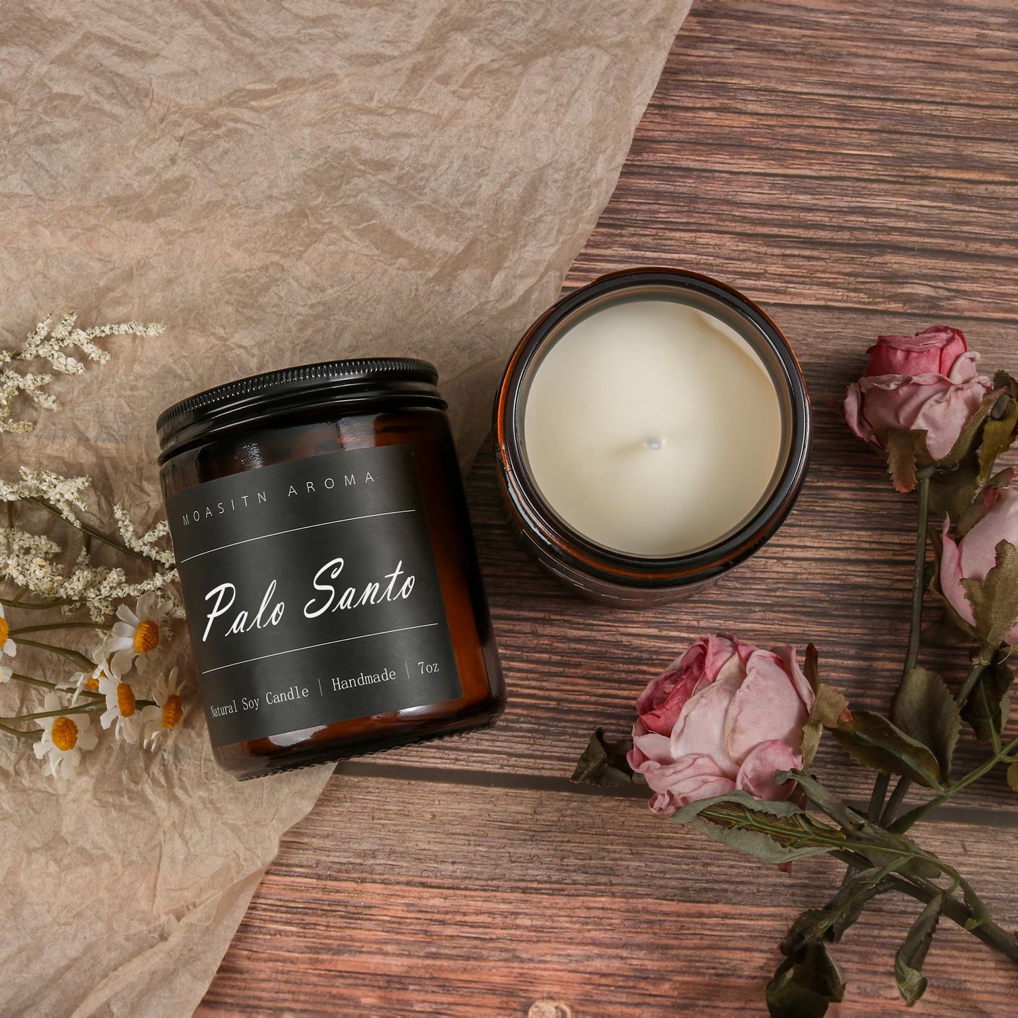 MOASITN Palo Santo Scented Candle – Organic Soy, Handmade 7oz Jar Gift