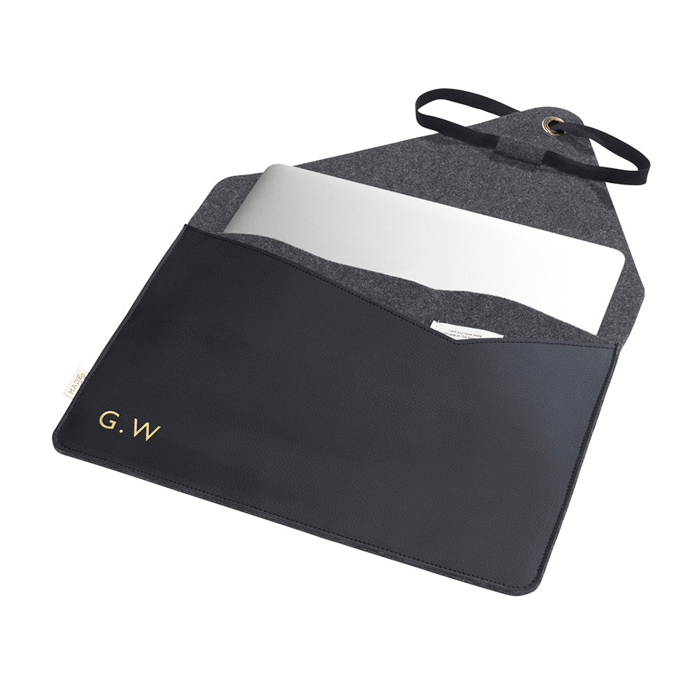 Monogrammed Black Vegan Apple Leather Laptop Sleeve - 13 Inch