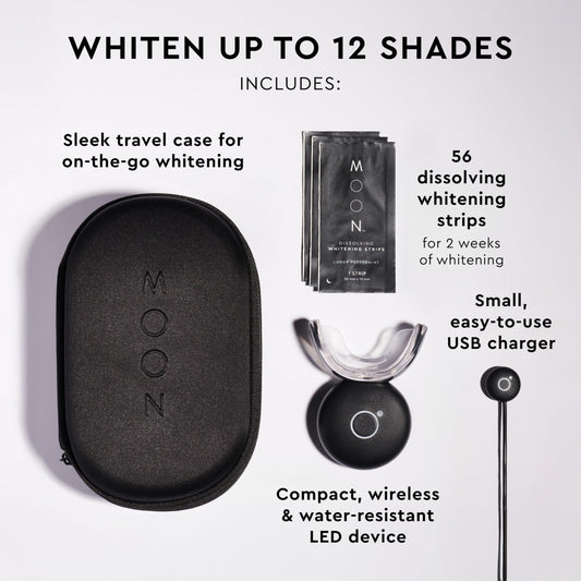 MOON Teeth Whitening Kit - LED Light Device, 56 Strips, 12 Shades in 2 Weeks