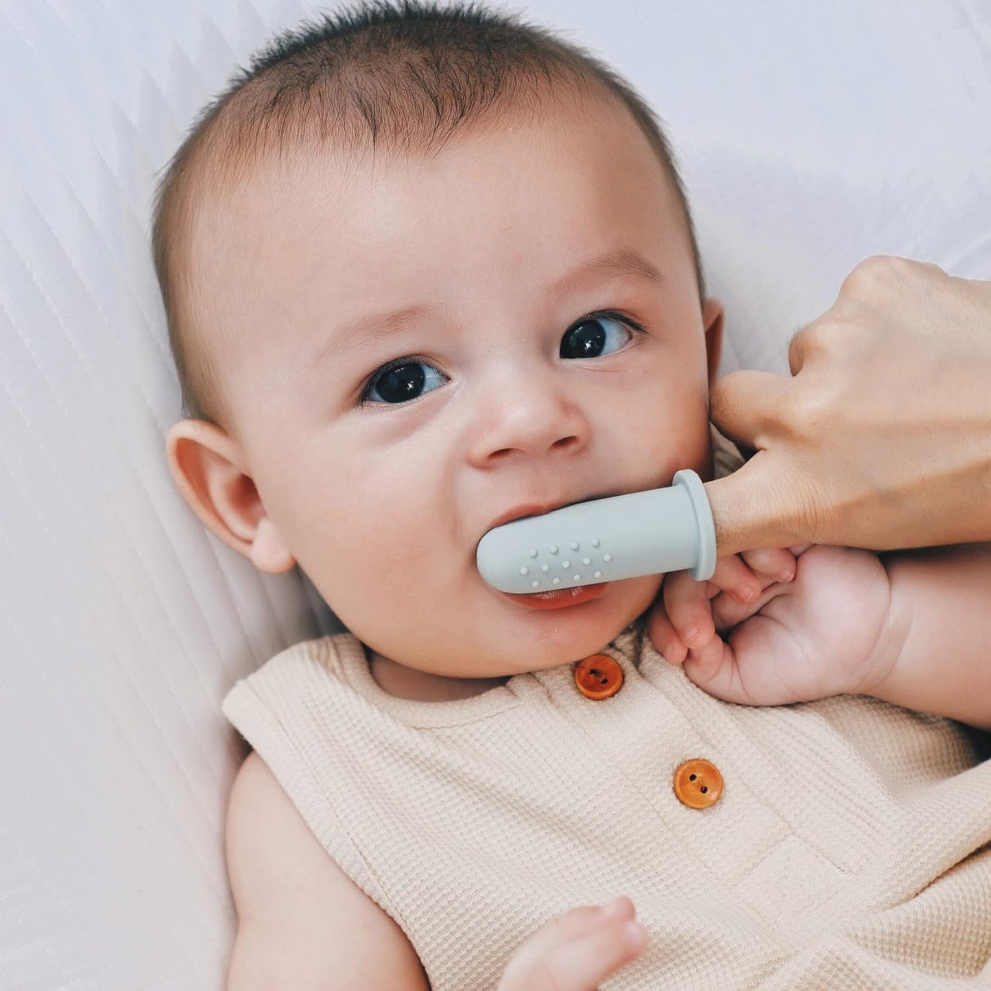 Moonkie Baby Finger Toothbrush Kit - 4 Pcs (Small Sand/Warm Taupe, Large Blue/Mint)