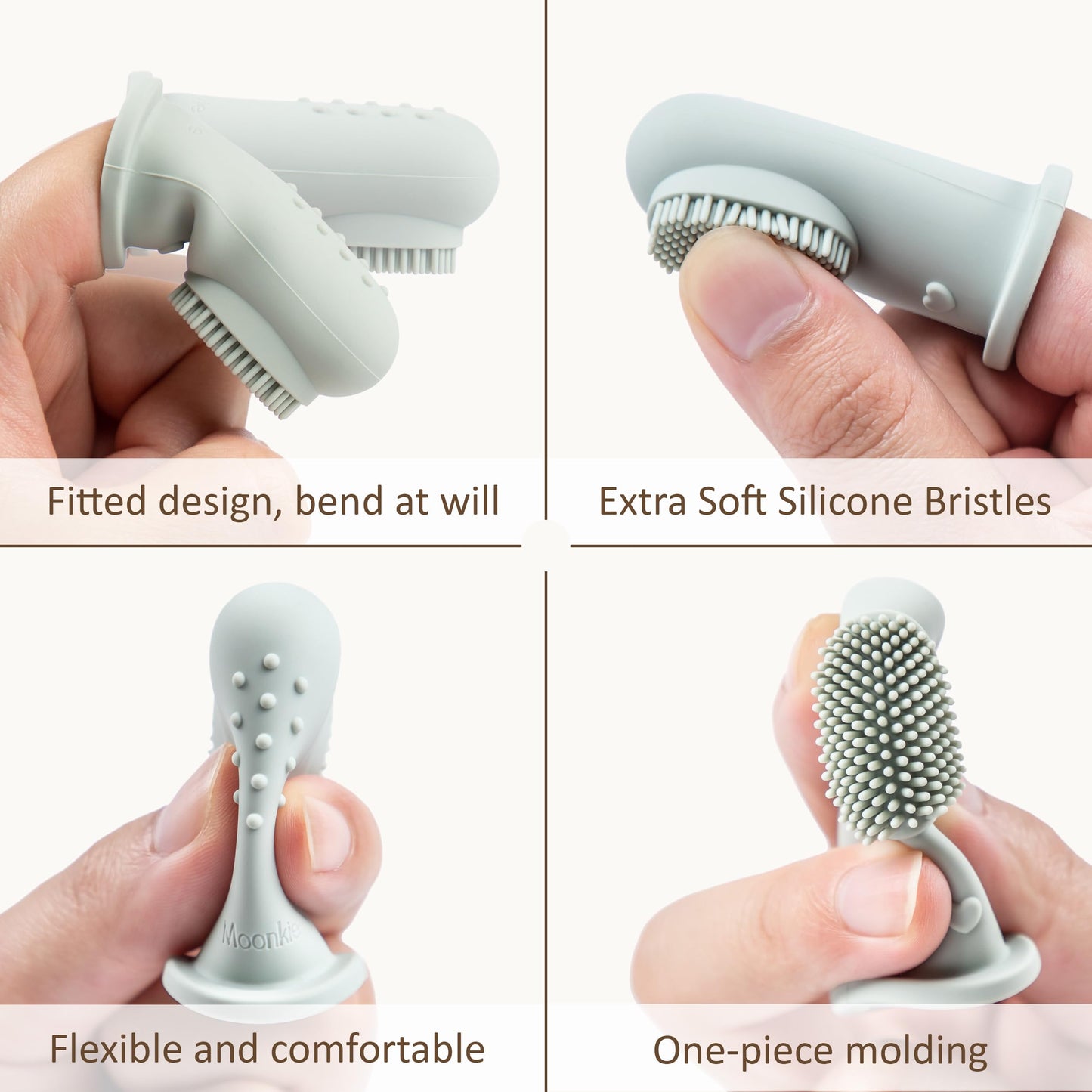 Moonkie Baby Finger Toothbrush Kit - 4 Pcs (Small Sand/Warm Taupe, Large Blue/Mint)